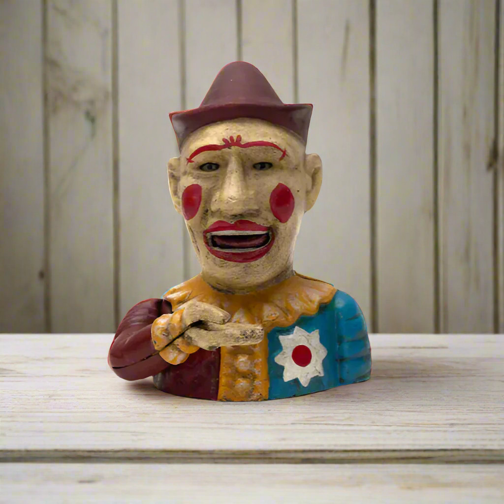 Clown Cast Iron Mechanical Coin Bank With Painted Antique Finish (7″ High)