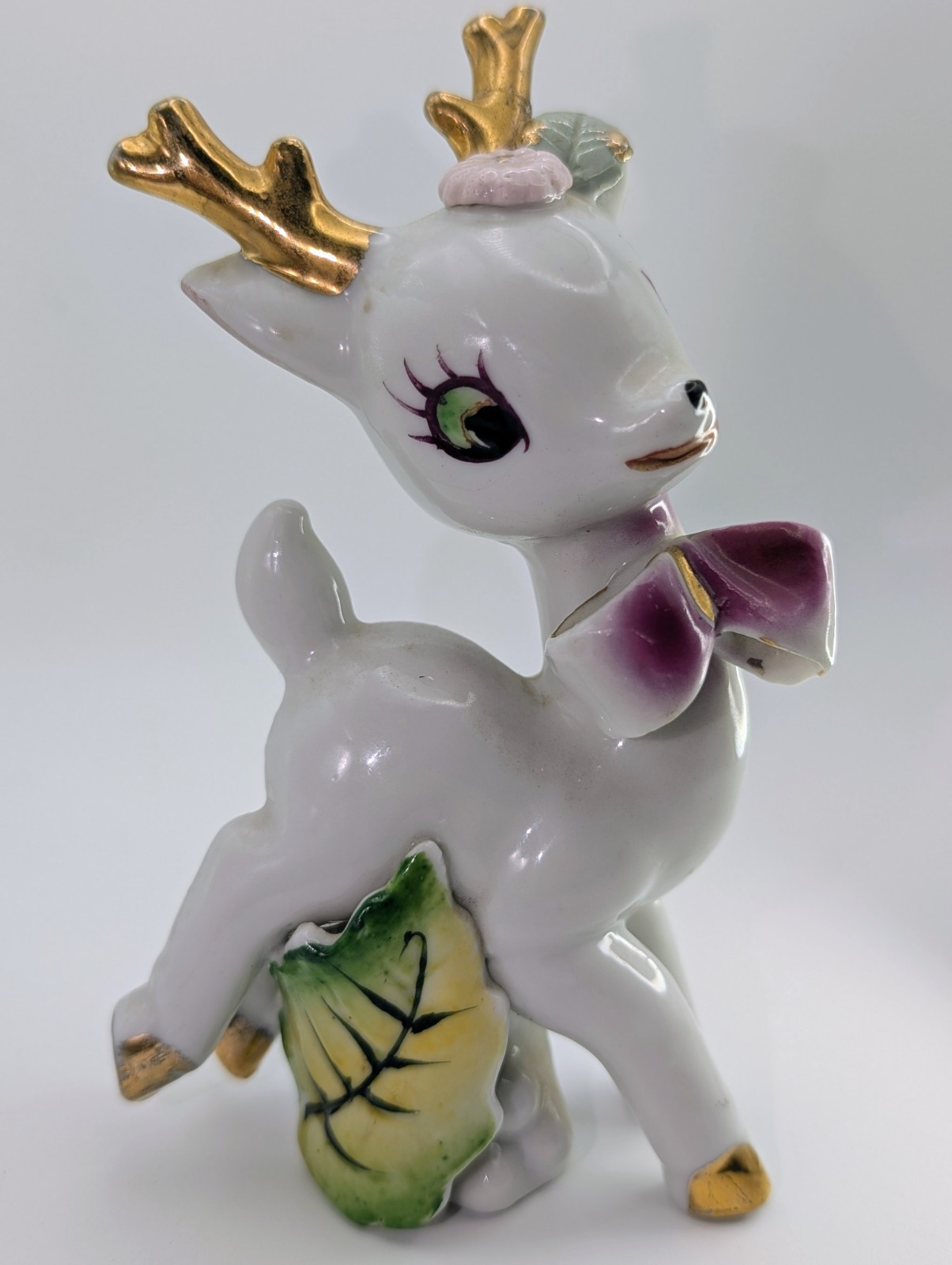 Vintage Napco Ceramic Deer Figurine Big Eye Fawn 5″ Japan Kitsch Purple Bow