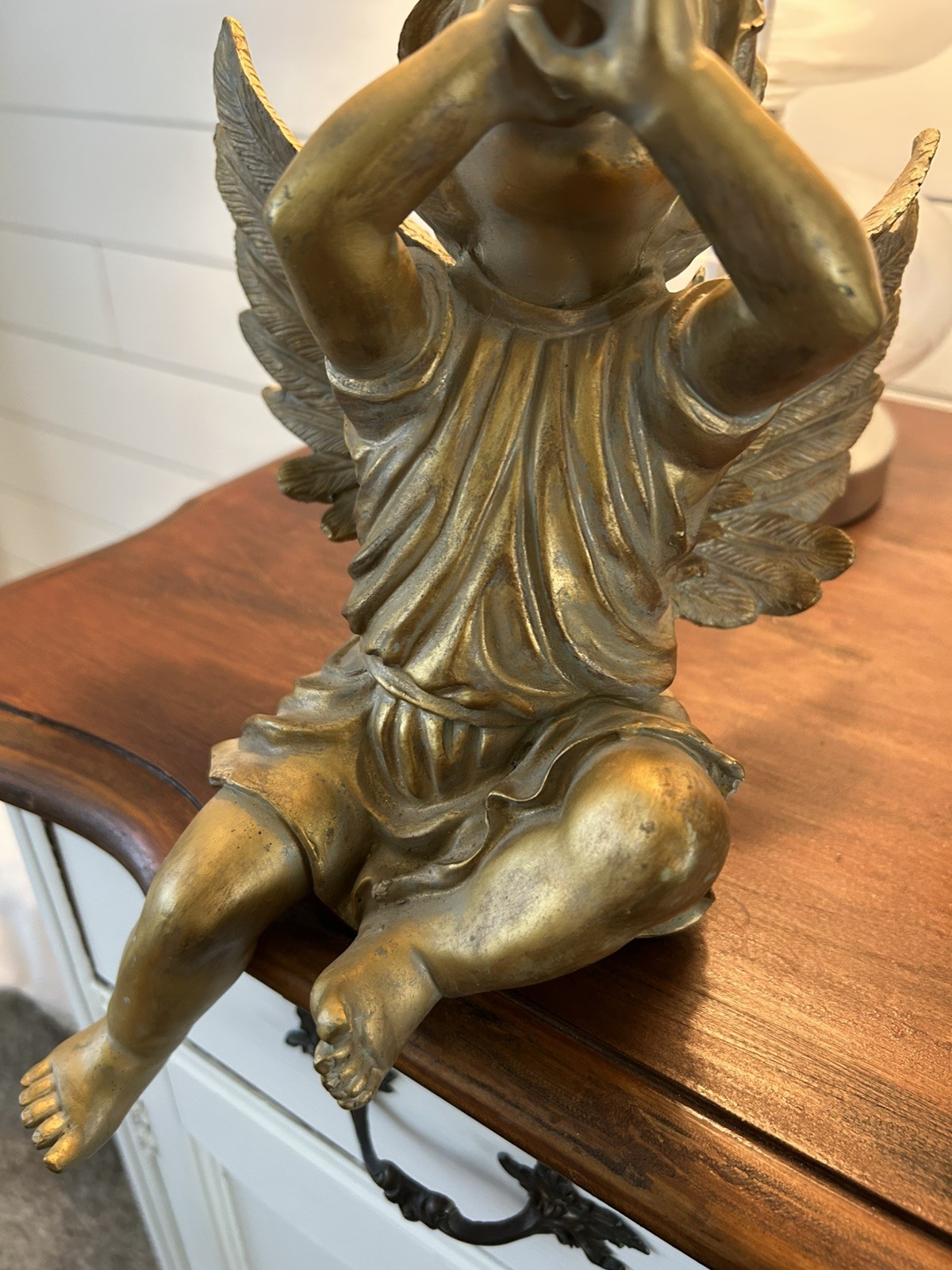 Gold Heavy Resin Trumpeting Sitting Cherub Angel w/Wings Renaissance Sculpture