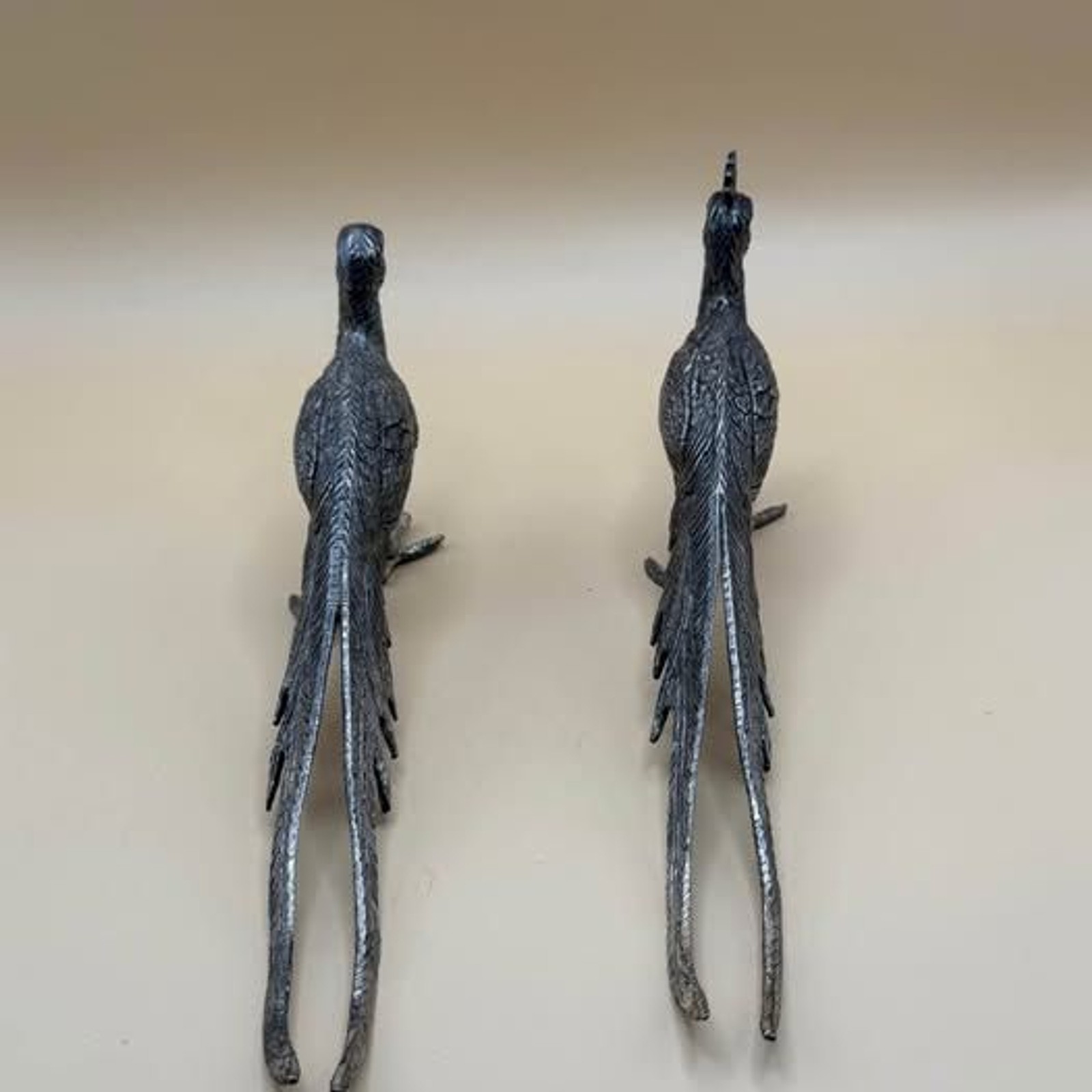 Vintage Midcentury Rooster and Hen Pair of Pewter Pheasant Figurines