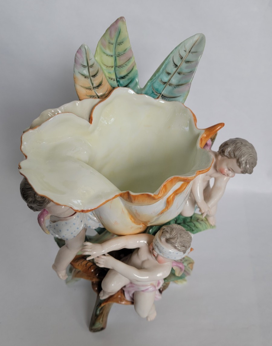 1880s Rare Marked w Impressed #s Stamped KPM Triple Cherub Putti Floral Vase 11″