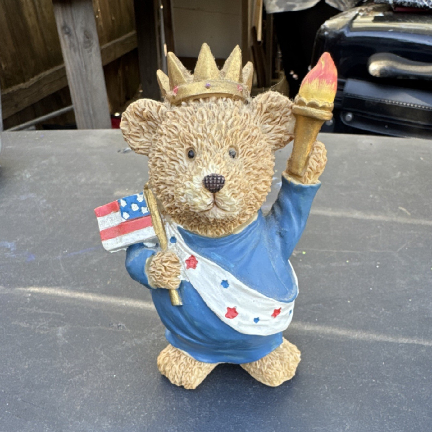 Bear Resin Figurine Patriotic Torch Flag July 4th Brown Blue Red White Gold