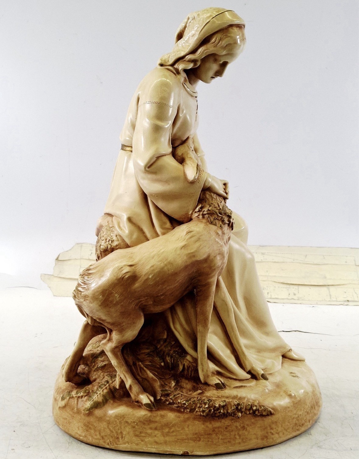 Vintage F.M. Miller Seated Woman With Deer Figurine Painted Statue