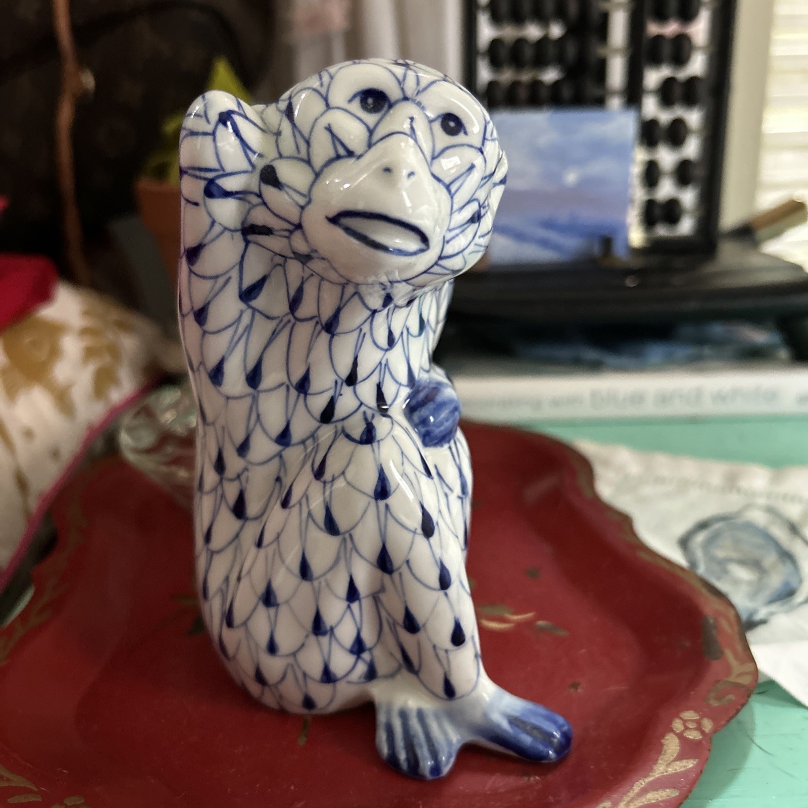 Andrea By Sadek Hand Painted Blue And White Porcelain Monkey Figurine