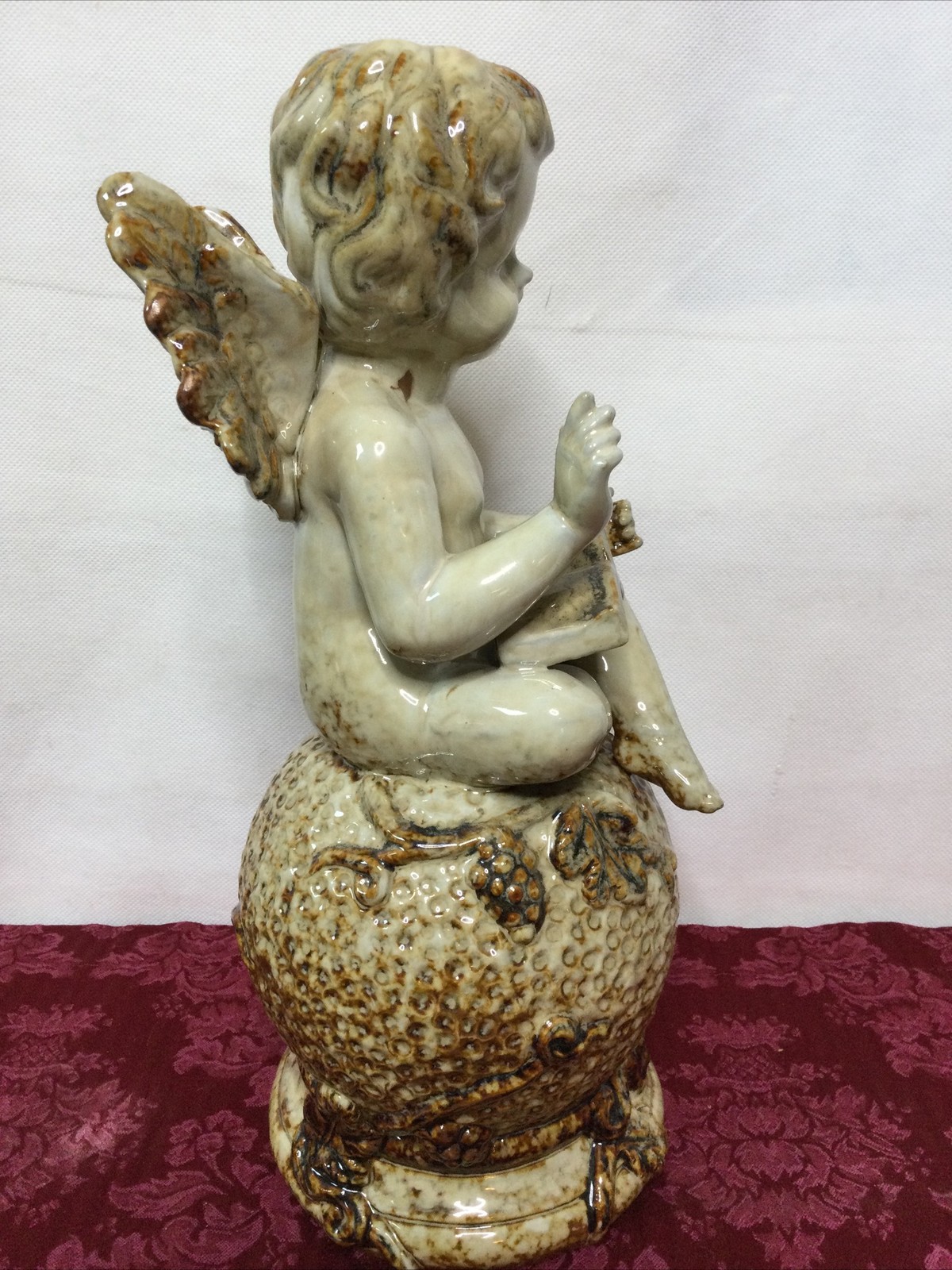 Angel Cherub Statue Grape Leaves Vines Sitting On Finial Globe 13 Inch