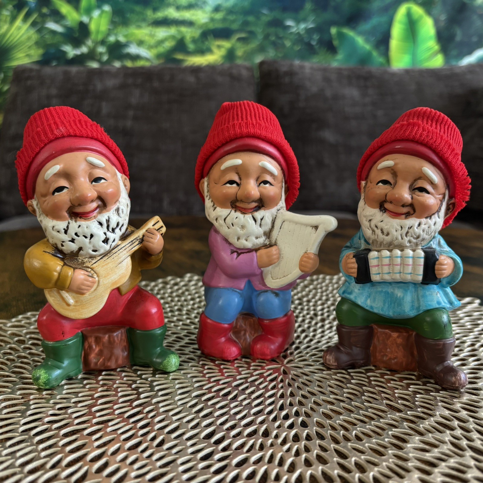 Vintage Figurines 3 Gnomes Playing Instruments Knitted Hats 5”