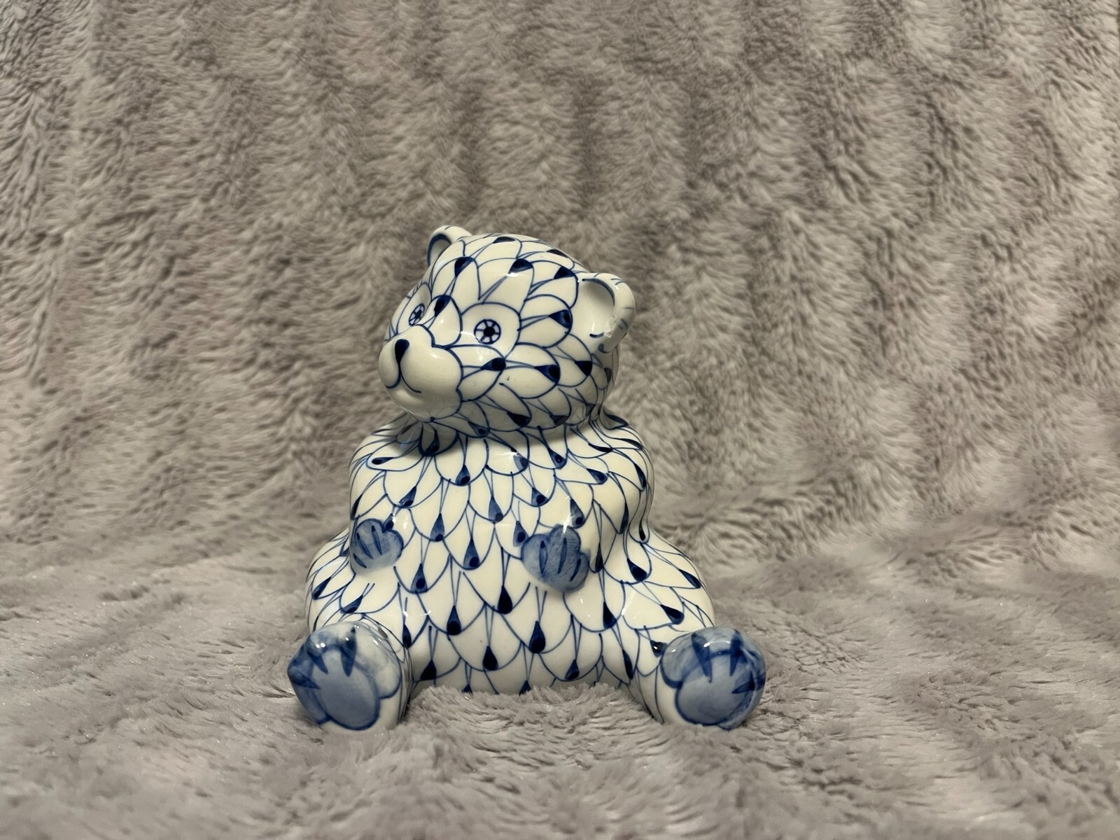 Andrea by Sadek Bear Hand Painted Blue & White Fishnet Pattern Herend Style