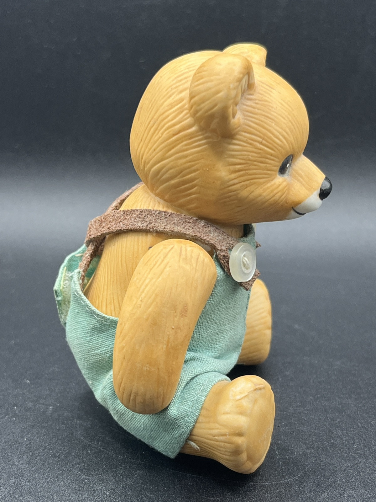 Homco Porcelain Jointed Teddy Bear Boy w/ Fabric Overalls – Taiwan Vtg 3.5″