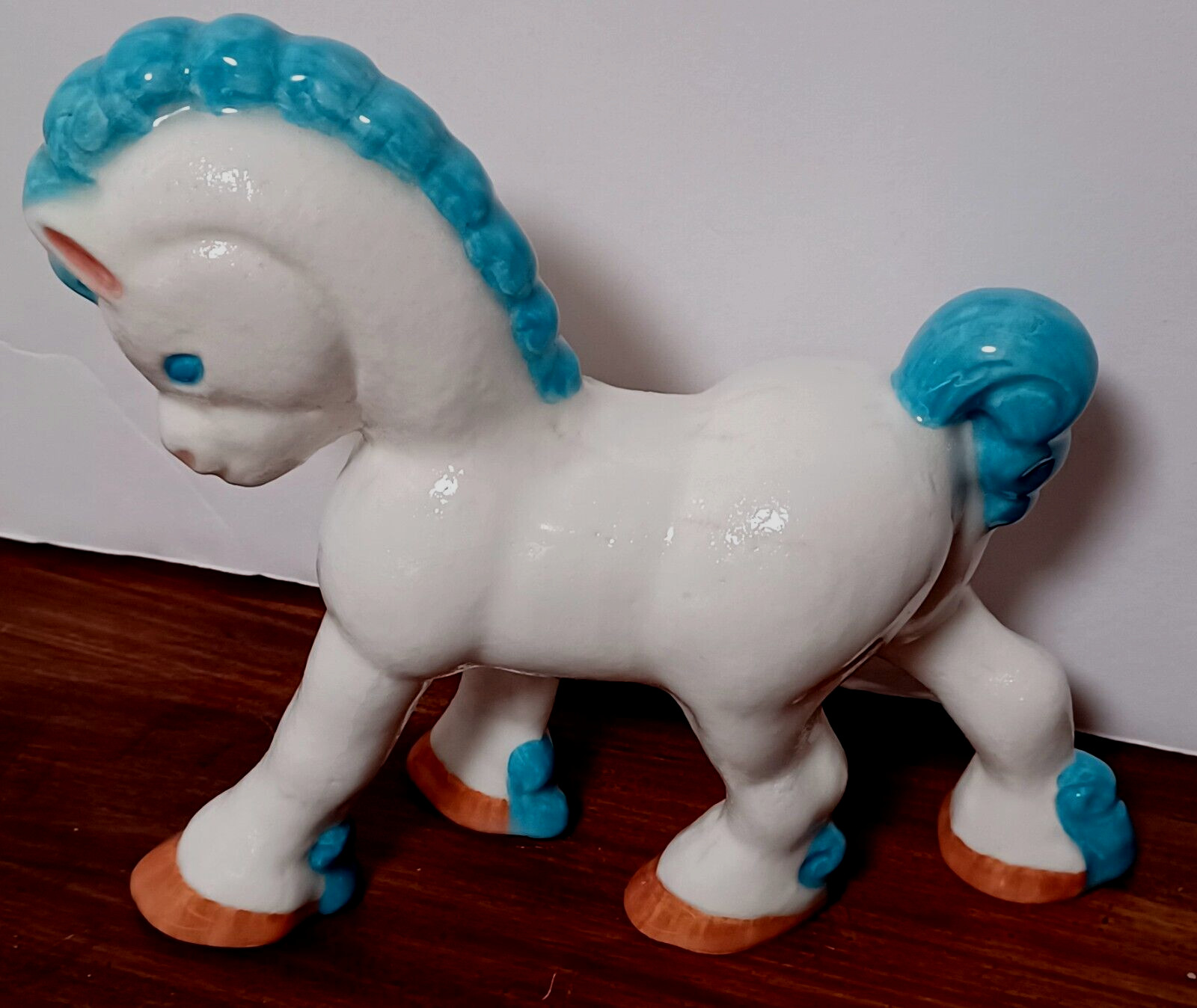 Vintage Ceramic Horse Clydesdale Figure White Blue Room Decor