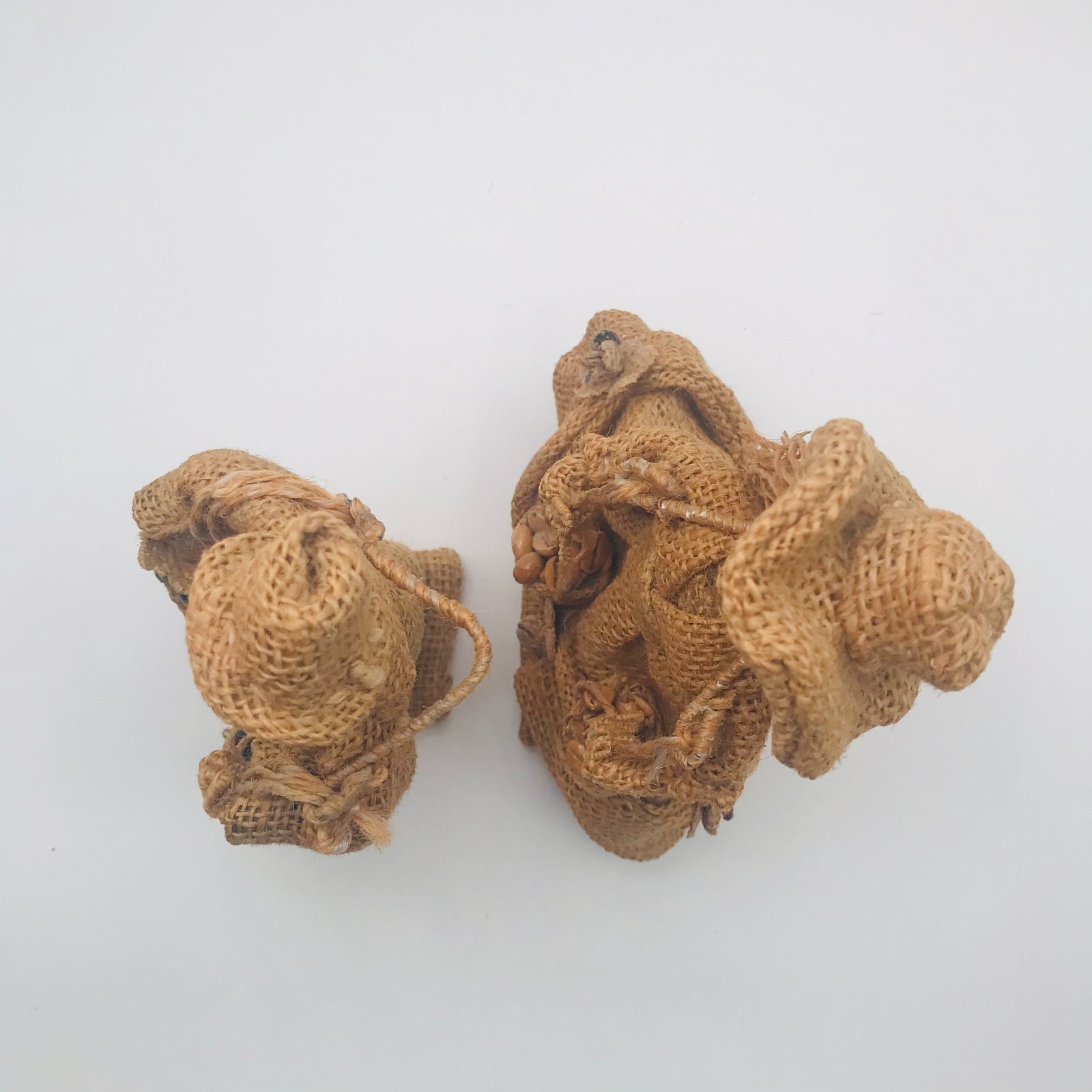 Vintage Burlap Peasant Man & Woman Carrying Produce Figurines Primitive Folk Art