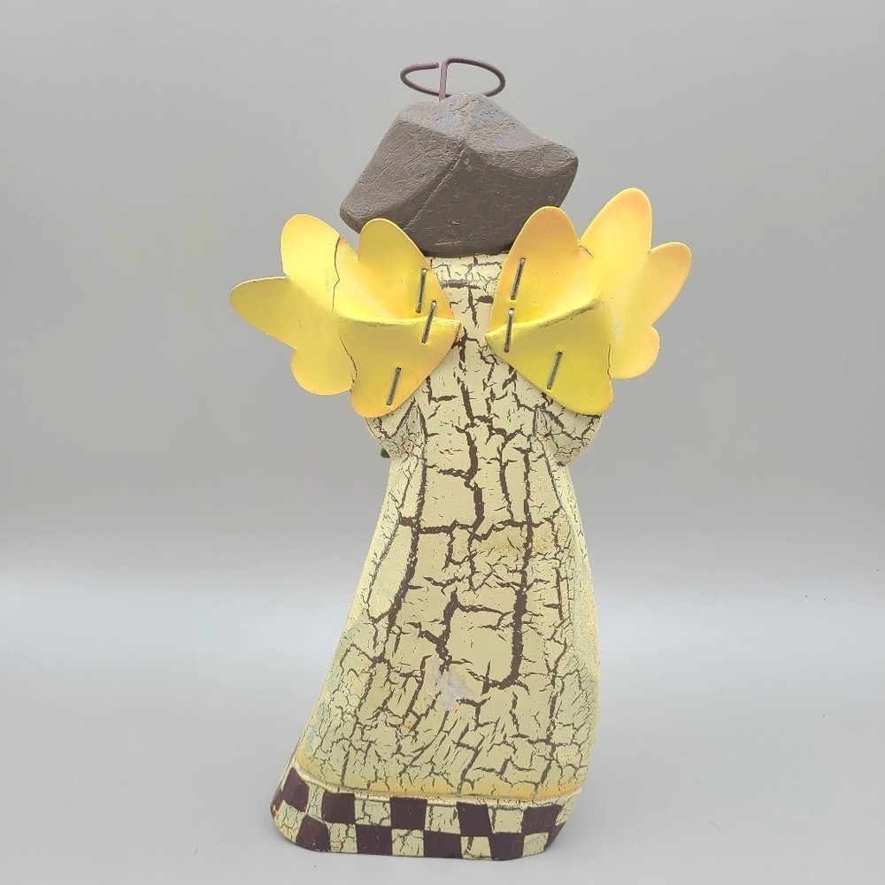 Vintage Wood Crackle Folk Art Angel with Glittery Wings Holding Fall Leaves