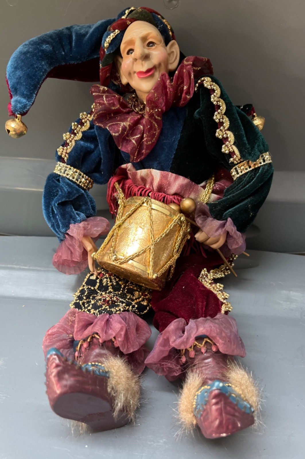 Vintage Jester Elf Ornament Shelf Sitter Victorian Fancy Blue Green Gold 14”