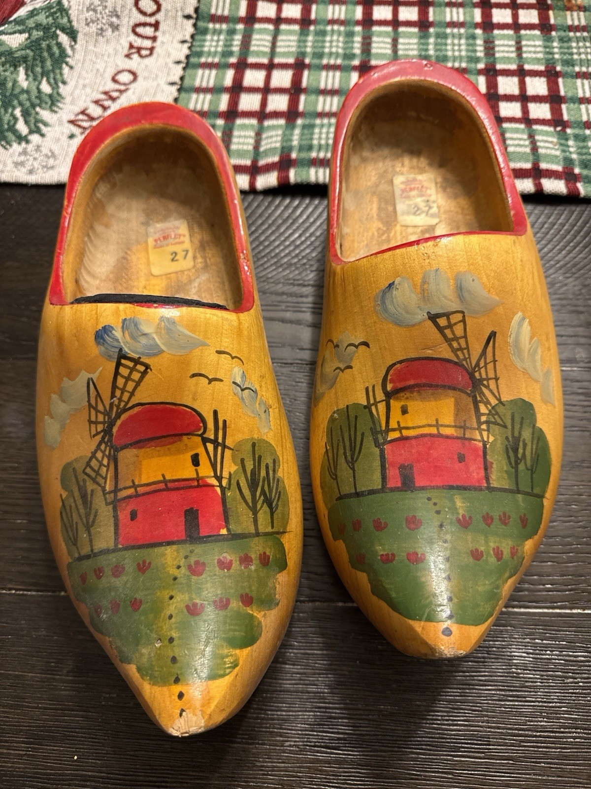 Vintage Hand-Painted Dutch Wooden Clogs – Windmill Scene-Size 27-Made in Holland