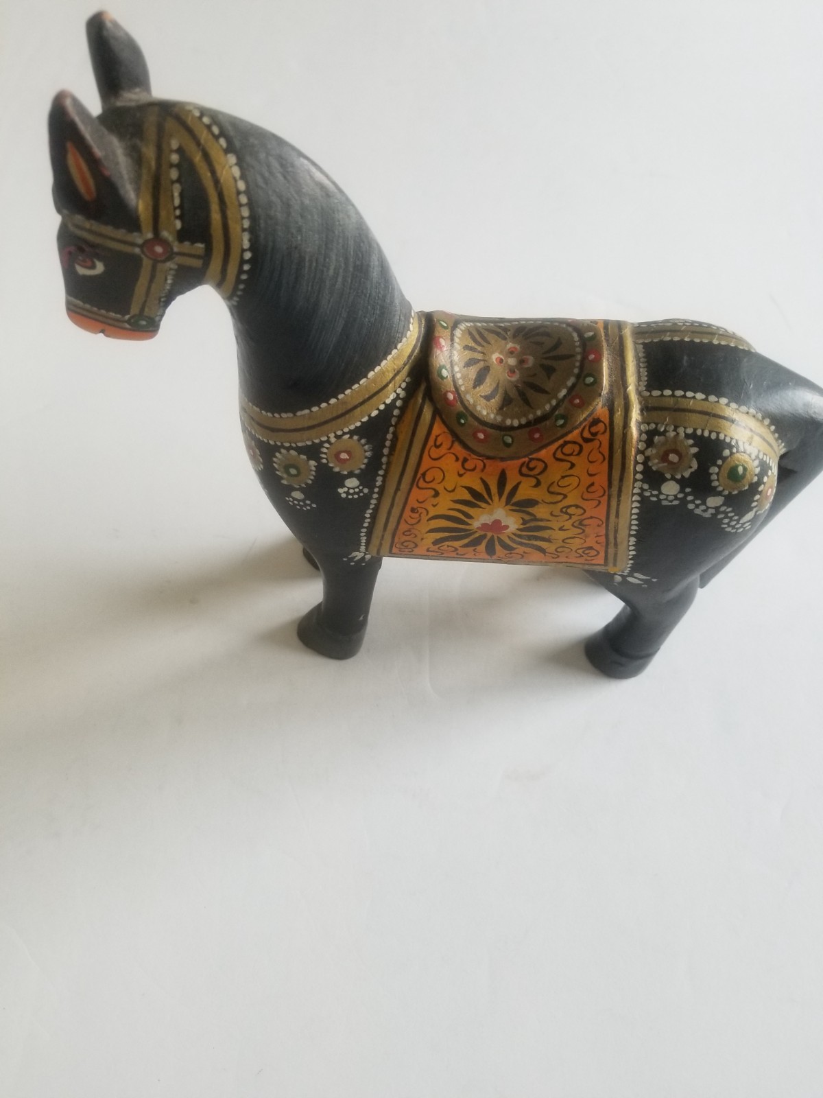 Horse Pony Wood Wooden Toy Figurine Black Gold Statue Carved Hand Painted Old