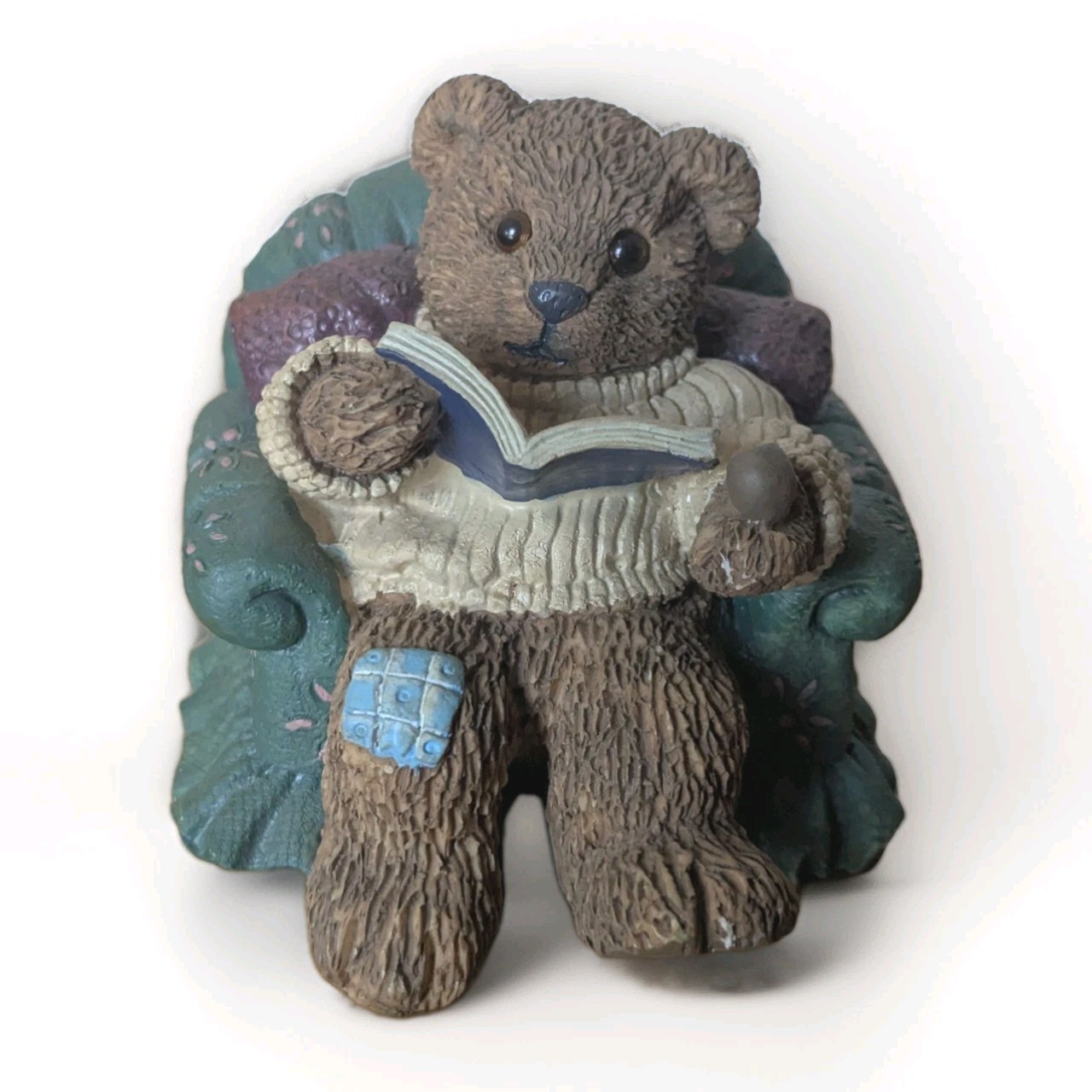 Resin Papa Bear in Tufted Easy Chair Reading Book, Wearing Turtle Neck Sweater