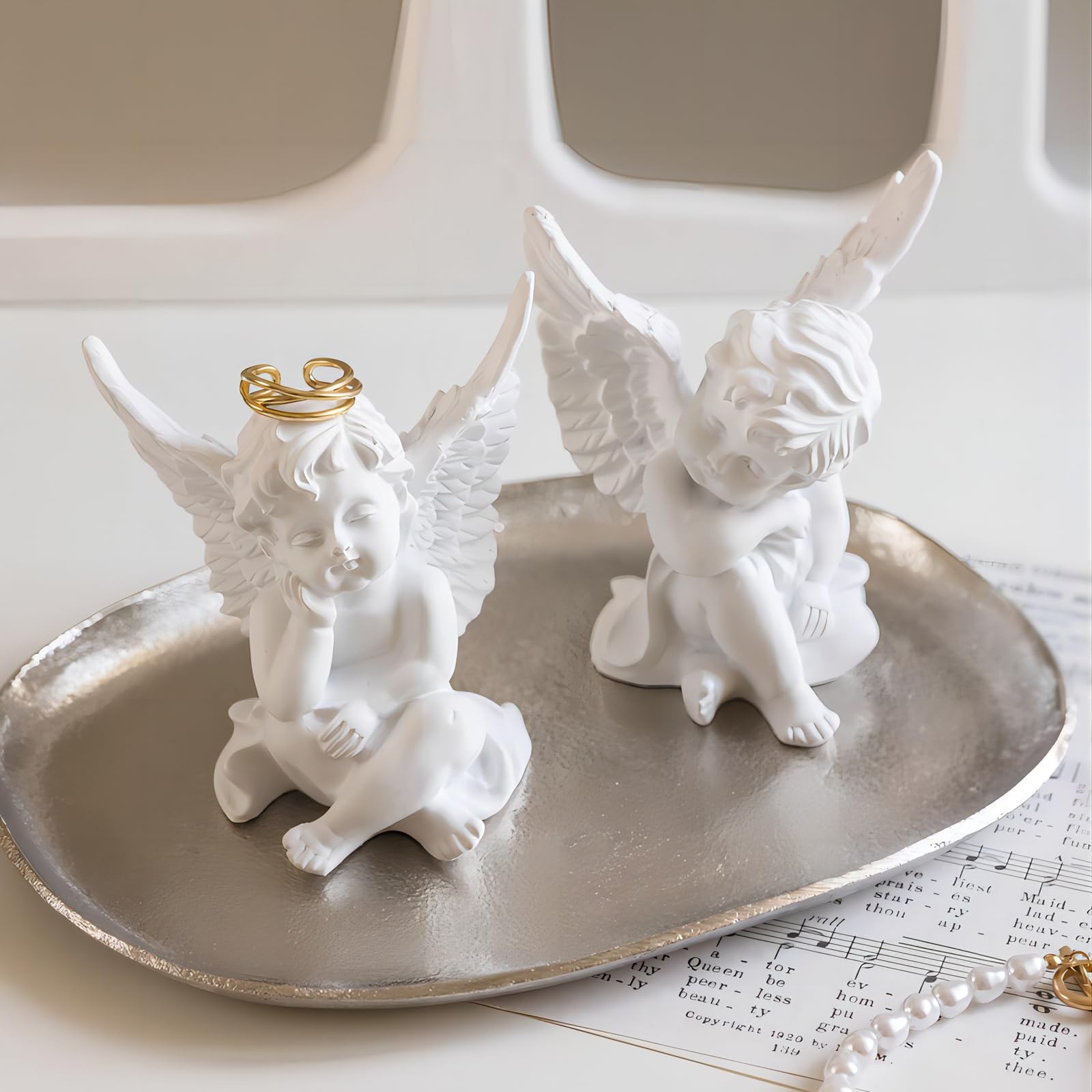 OwMell Set of 2 Cherubs Angels Resin Statue Figurine, Indoor Home Decoration,…