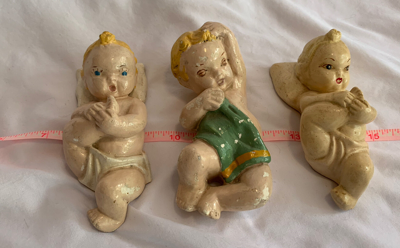 LOT OF 3 CHALK WARE PLAYING BABY BABIES ON BACK W/ PILLOW OR WASH CLOTH