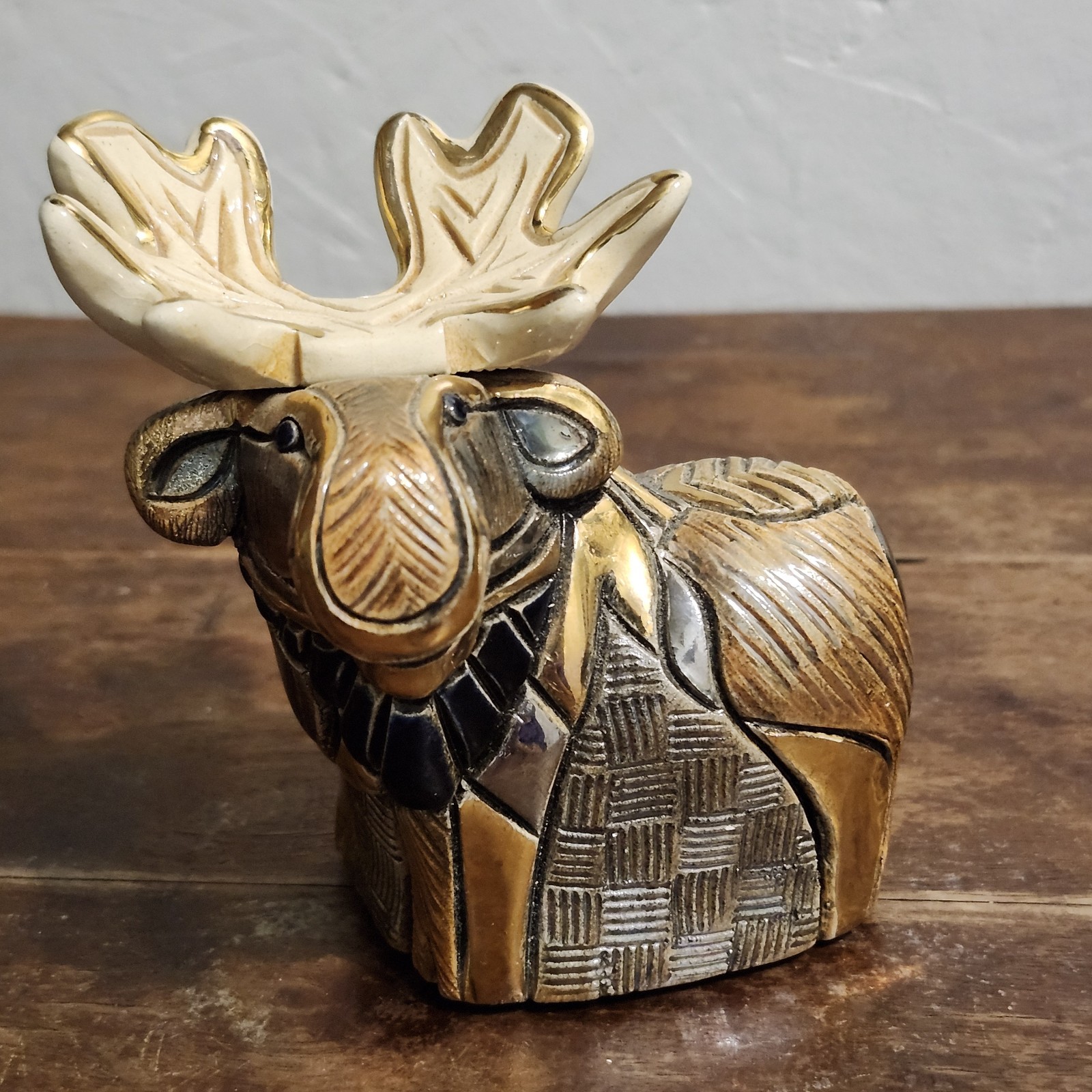 Vintage Rinconada Artesania Silver Anniversary Moose Carved Figurine 4″