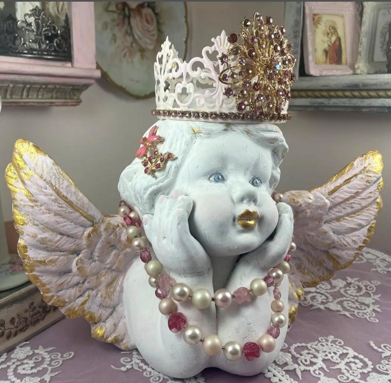Shabby Distressed White Cherub Statue Pink Rhinestone Crown Vintage Cupid Angel