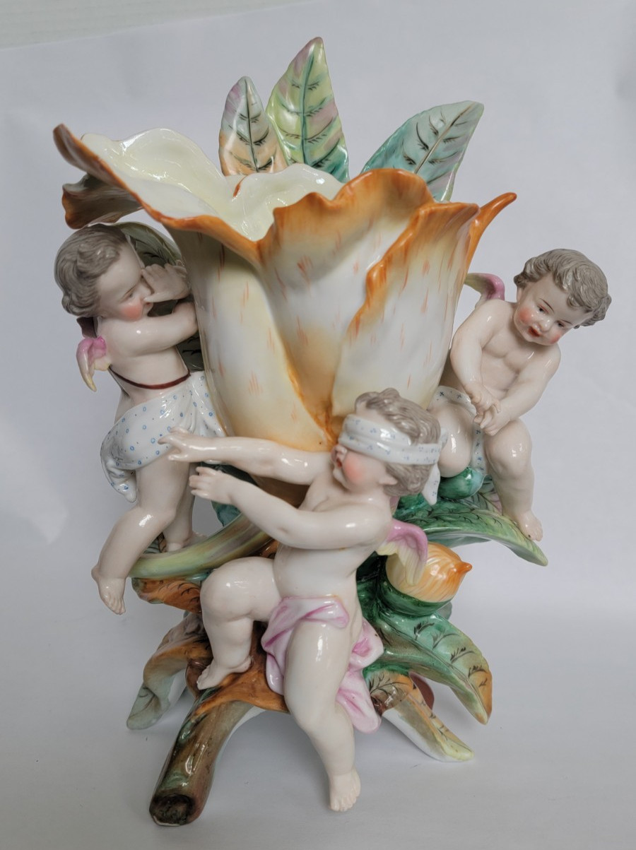 1880s Rare Marked w Impressed #s Stamped KPM Triple Cherub Putti Floral Vase 11″