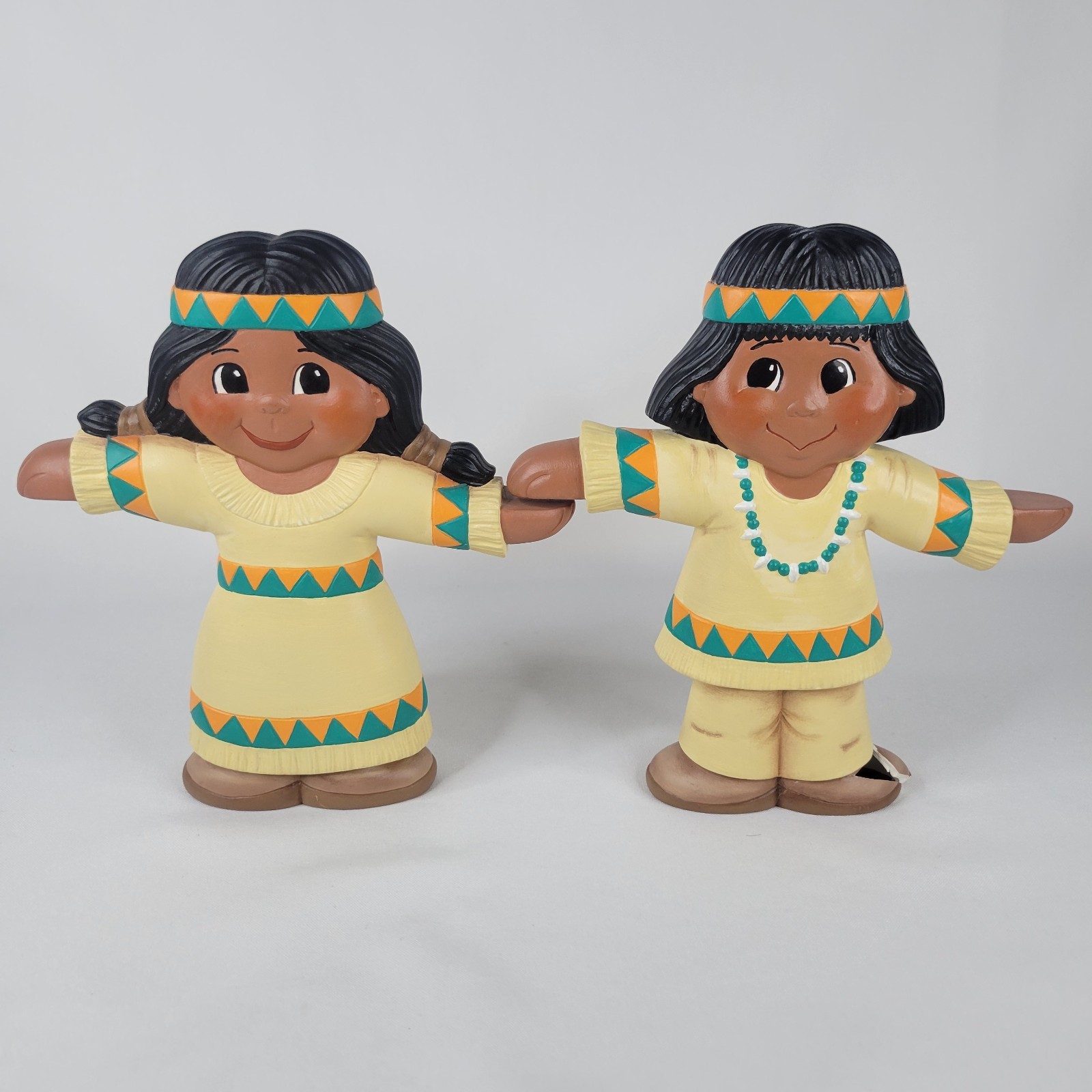 Vtg Set Ceramic Mold Figures Hand Painted 2 Sided Pilgrim Native Americans READ