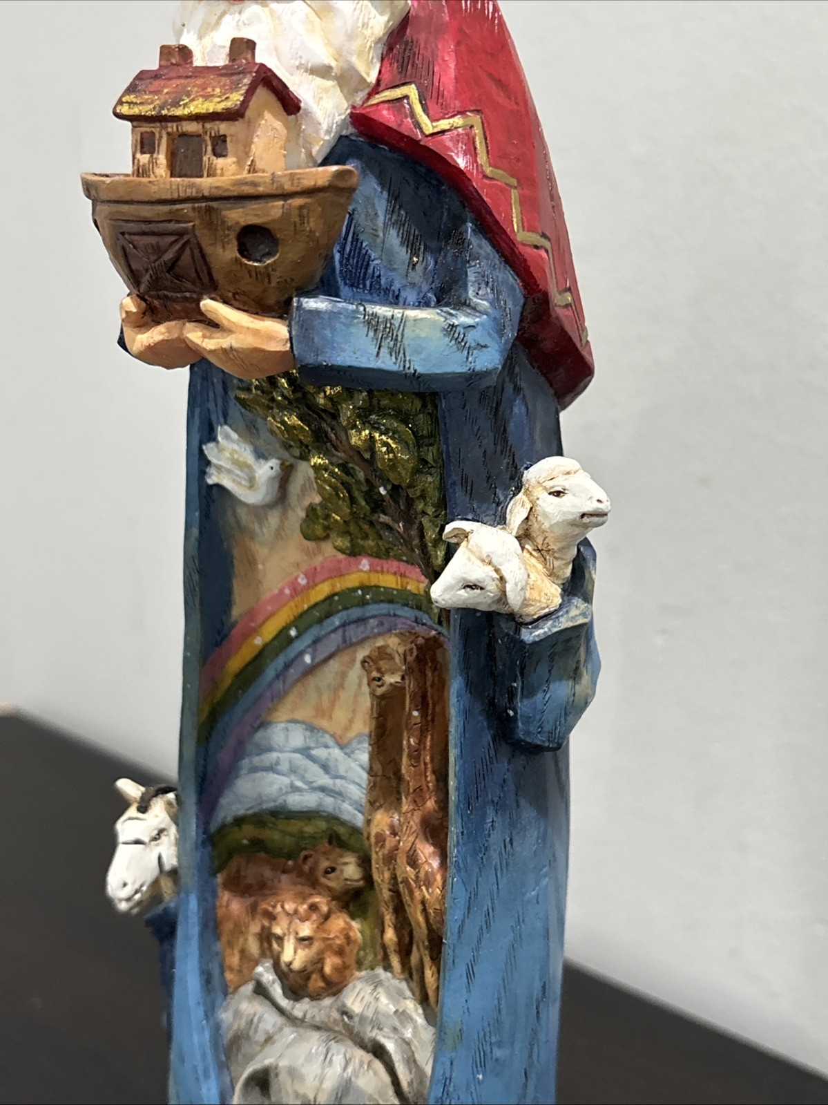 Faux Wood Carved Resin Noahs Ark Statue Lions Rainbow Elephants Birds Animals