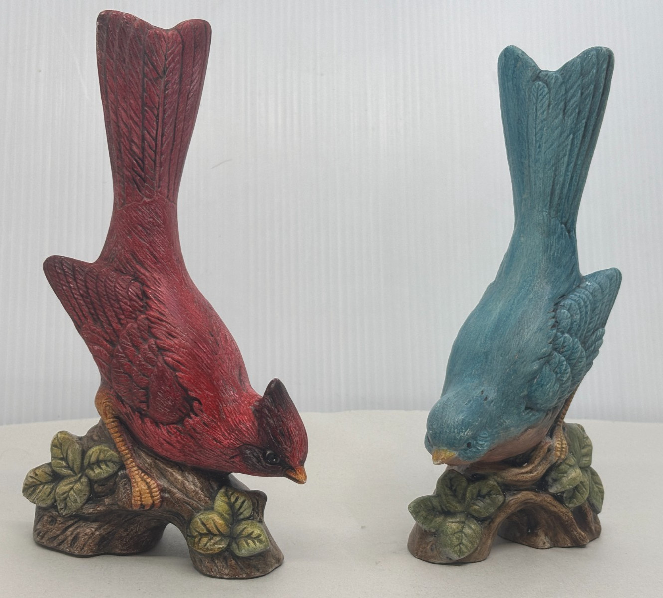 Set of 2 Hand Painted Ceramic Bird Figurines Cardinal and Bluebird 7.5 in height