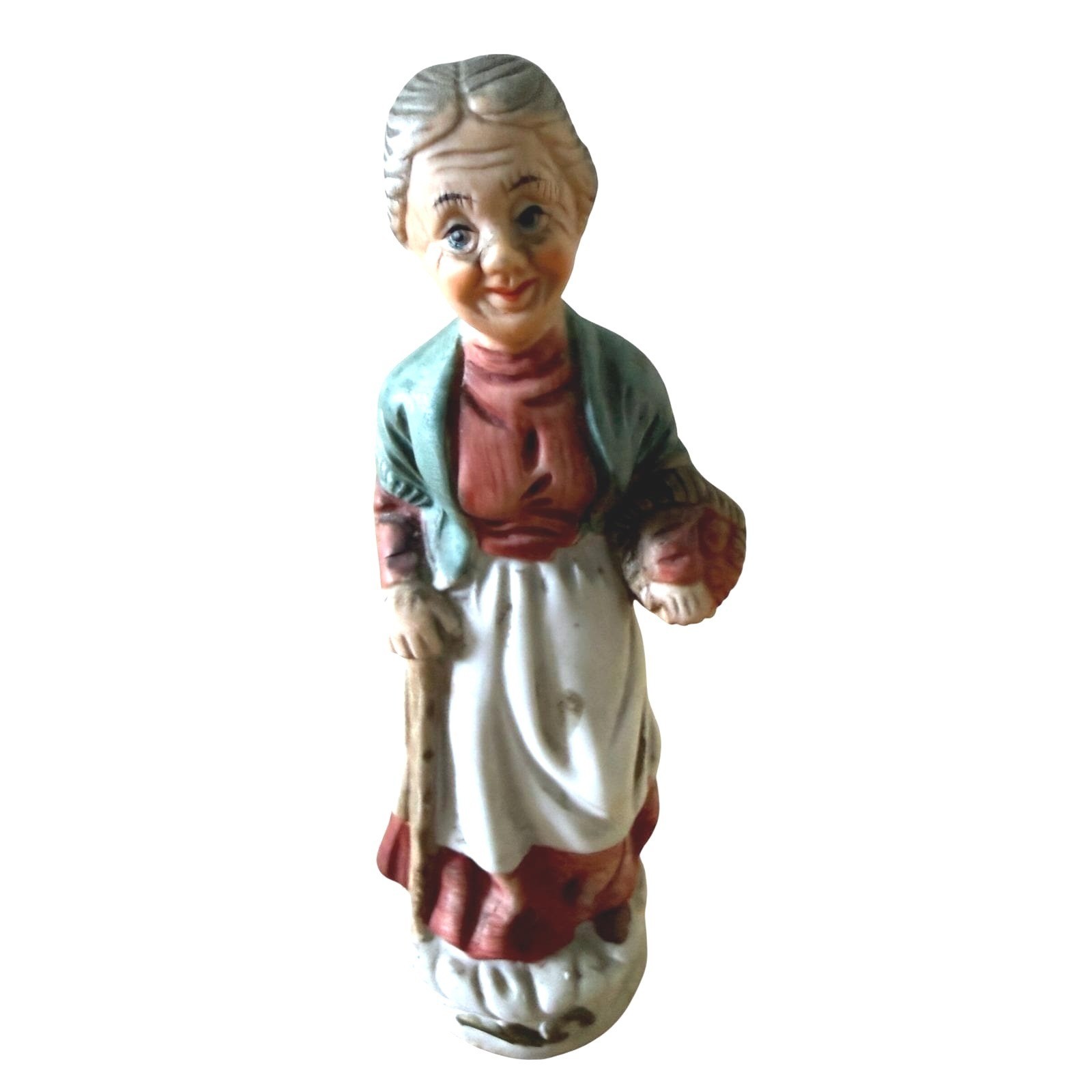 Flambro Vintage Figurine Fine Porcelain Old Woman w/Basket Cane Rustic Taiwan