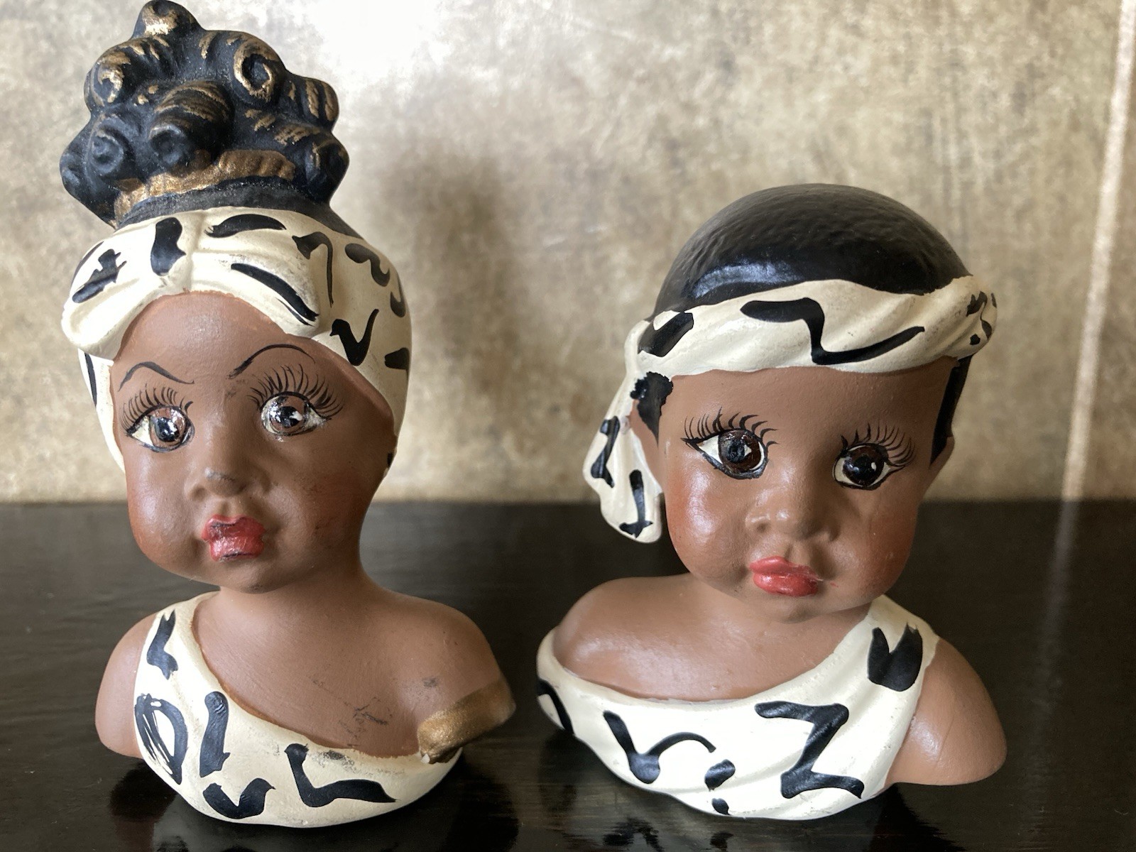 Signed Hand Painted African American Girl Busts Cute Boho Decor Collectible Art