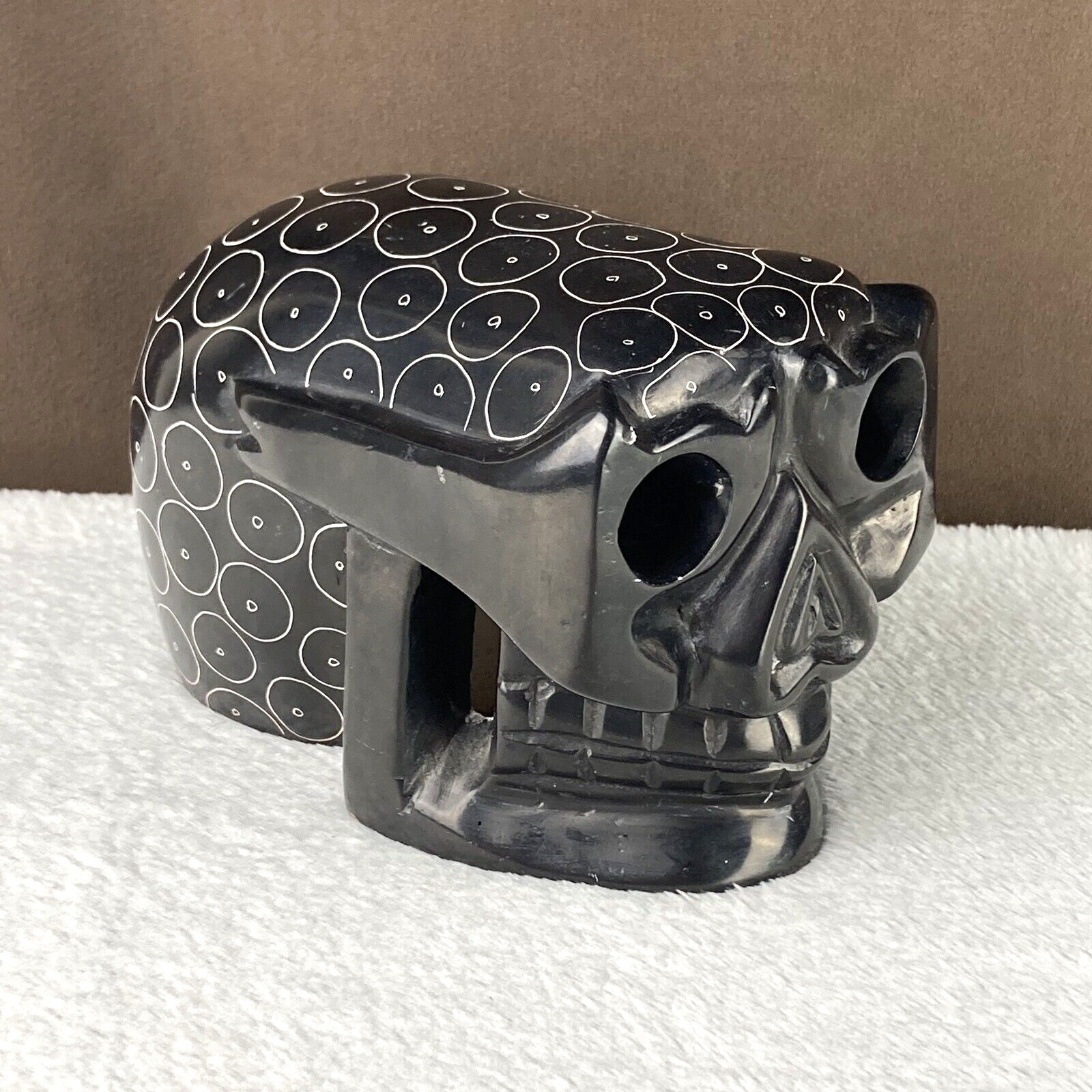 RARE! Vtg Folk Art Studio Ceramic Pottery Black Skull Heavy Display Sculpture