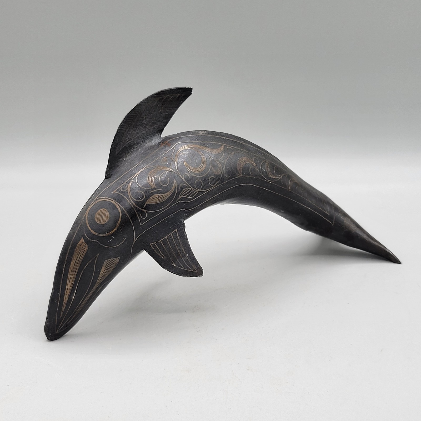 Vintage Etched Metal Dolphin Figurine Etched Gold Tone Sculpture 9″