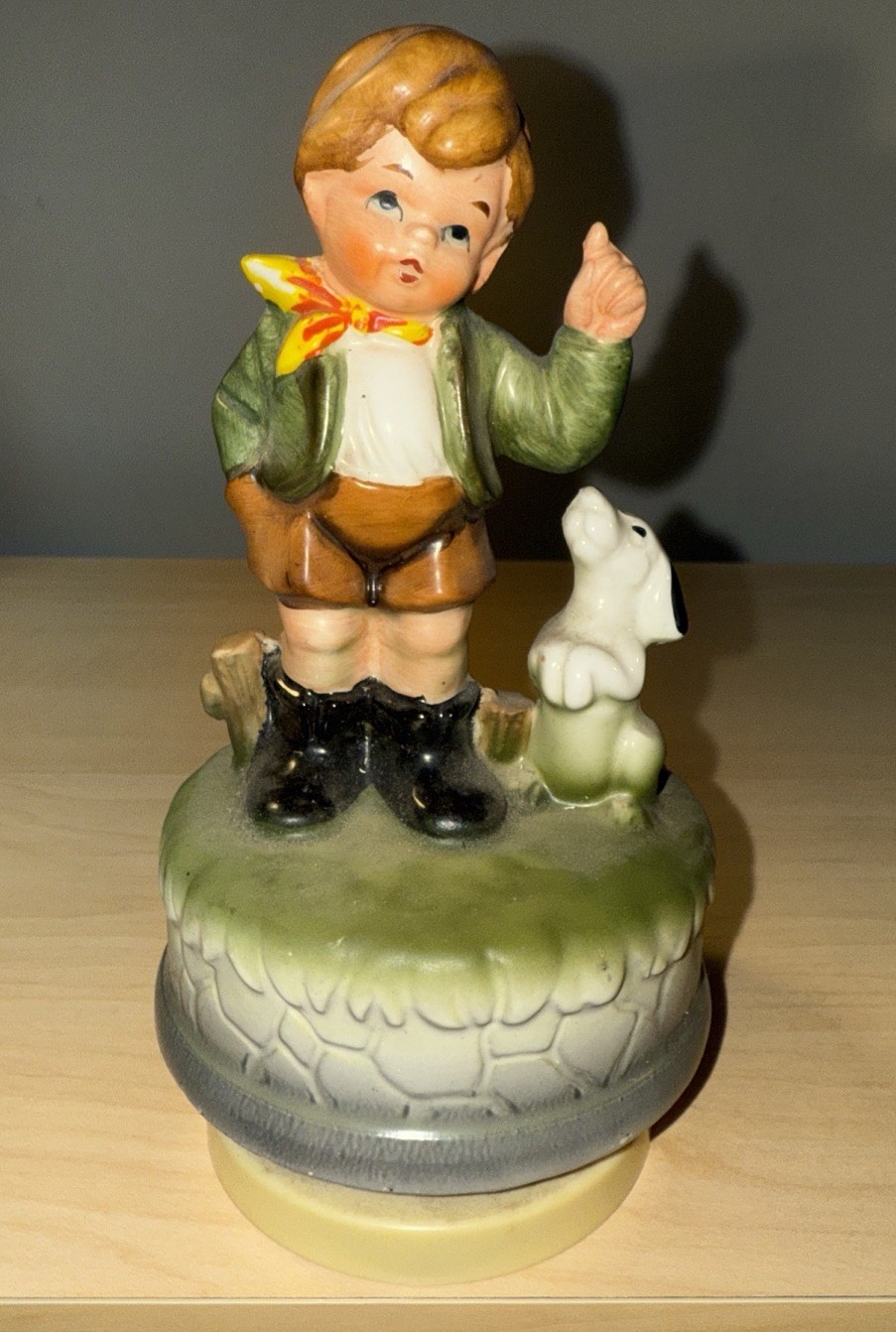 Adorable Vtg.-Made In Japan-Boy & His Dog Figurine Rotating Music Box