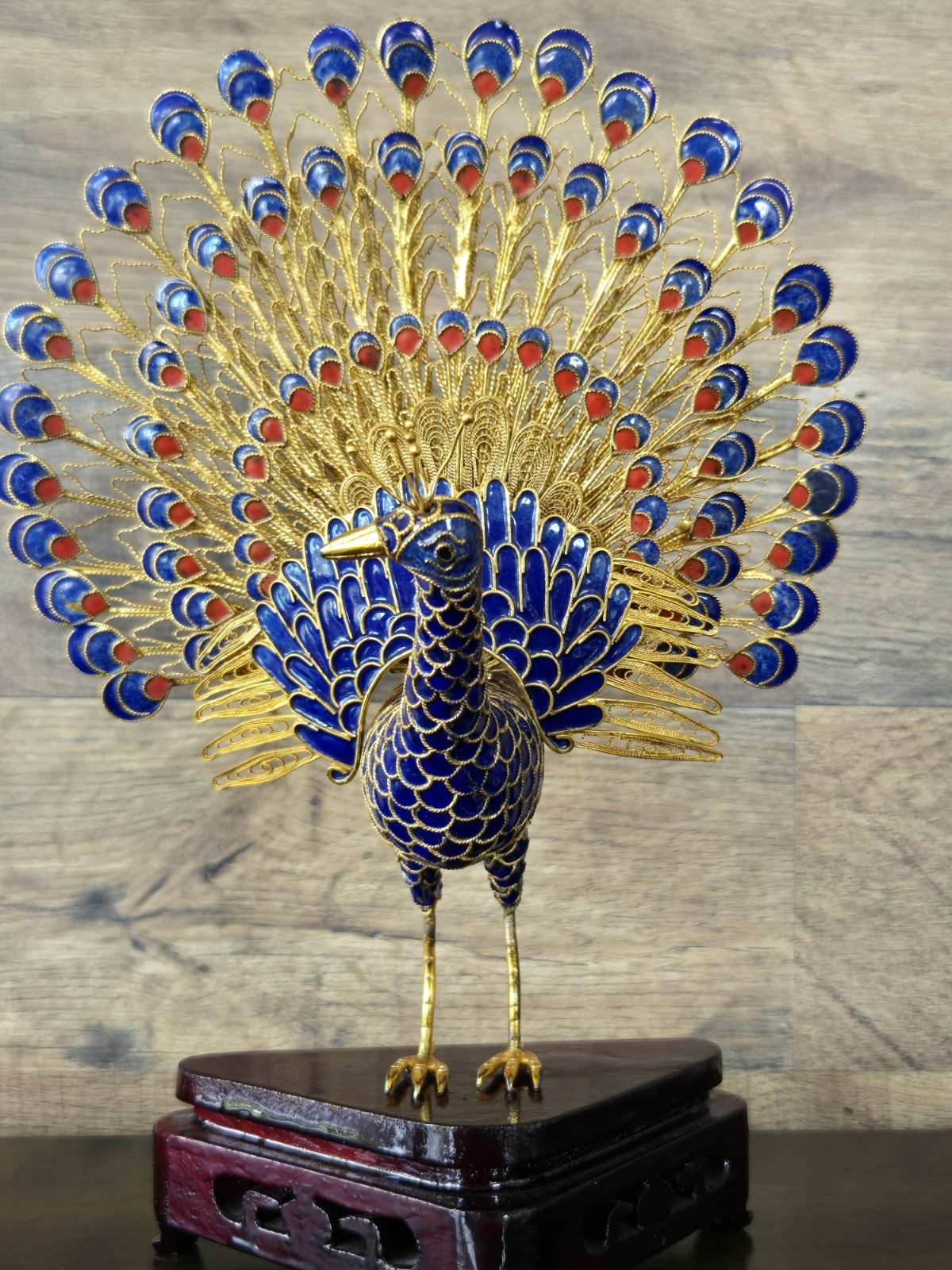 Vintage Chinese Filigree Peacock Sculpture Blue Enamel Chinoiserie Decor