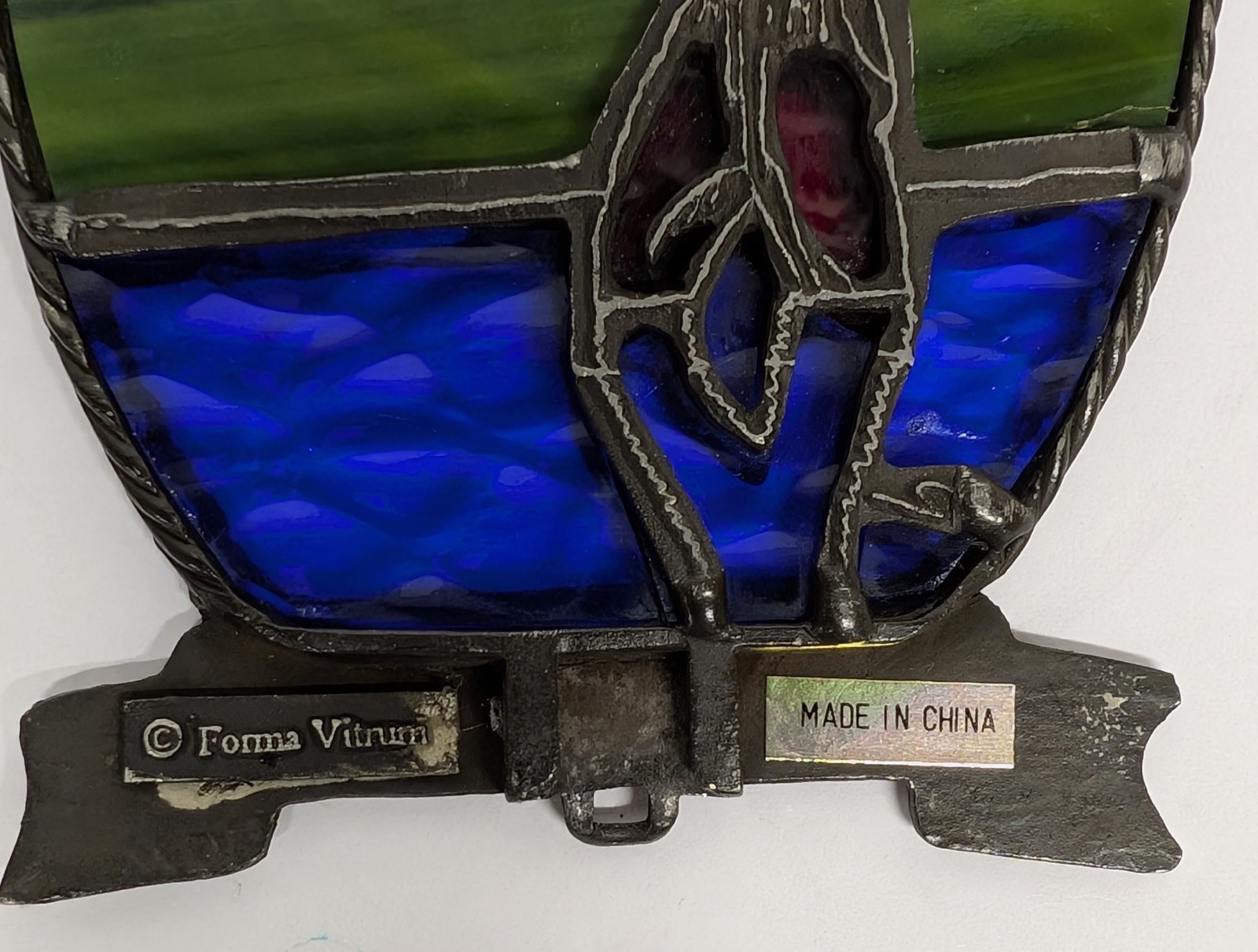 Vtg. Forma Vitrum Stained Glass & Pewter Fisherman Small Free Standing Plaque