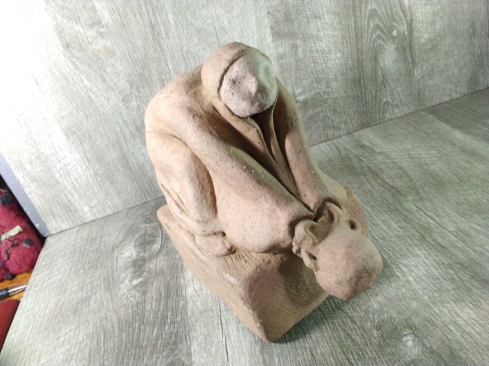 Vintage Sculpture Woman & Child White Clay Brown Surface Coat, 6 3/4″ H X 7″ W