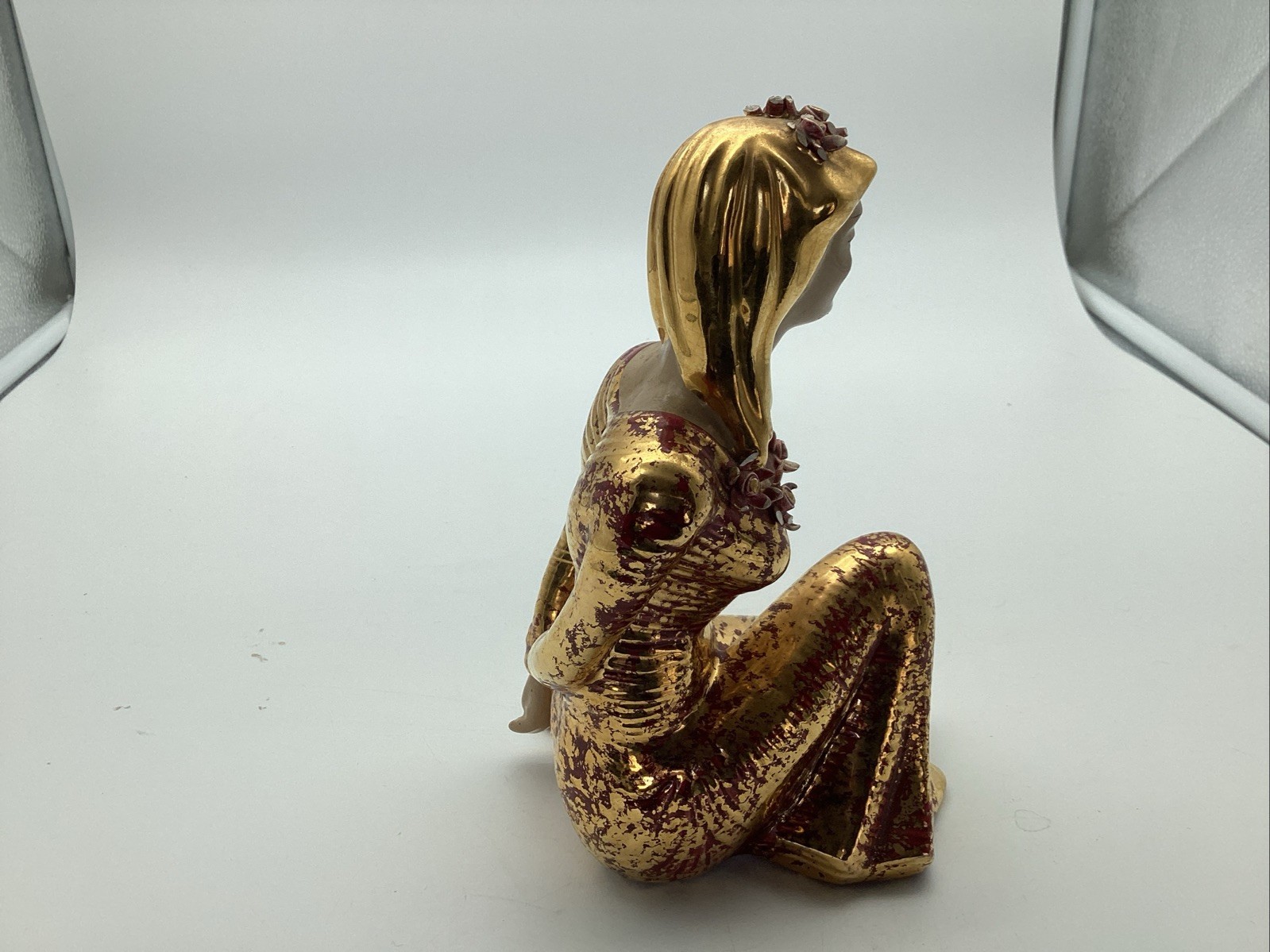 Vintage 1950’s Yona Pottery California Gold Lady Figurine Kneeling 7.5”