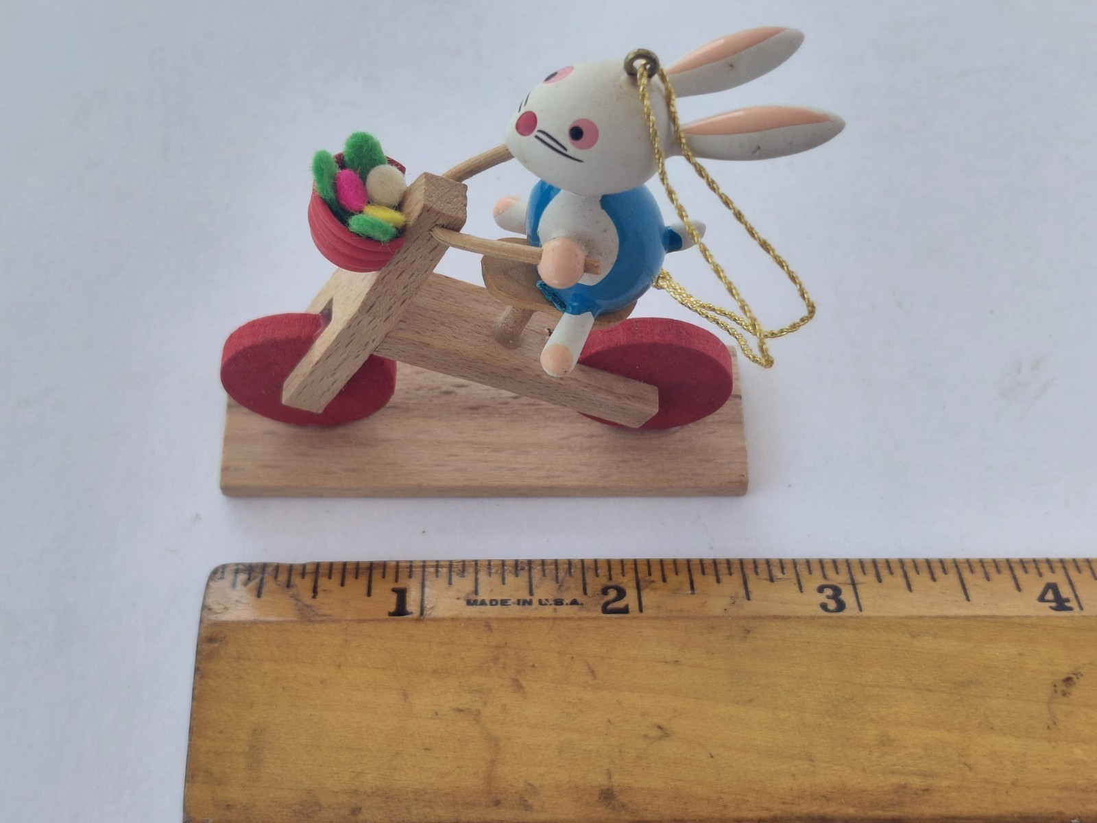 Vintage Goula Wood Christmas Easter Ornament Figurine Bunny Bicycle