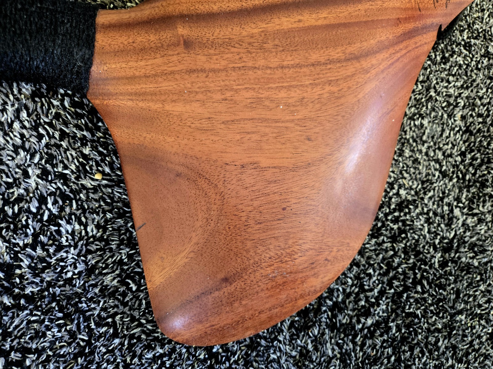 Whale Tail Wood Sculpture, Natural Finish, Black Wrapped Handle, Wood Grain