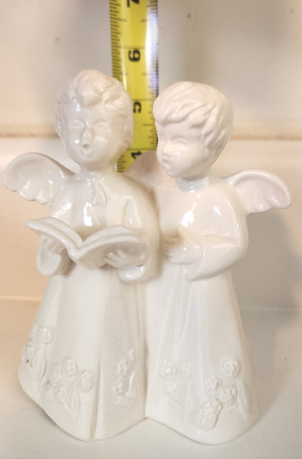 Lefton CAROLING ANGELS PORCELAIN CANDLE HOLDER BACK vintage white 1997 5 1/2 in
