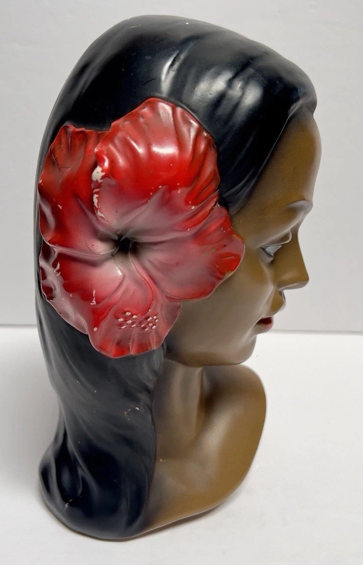 Vintage Marwal Chalkware Hawaiian Woman Bust Tiki Hibiscus MCM 1960s Hula Girl
