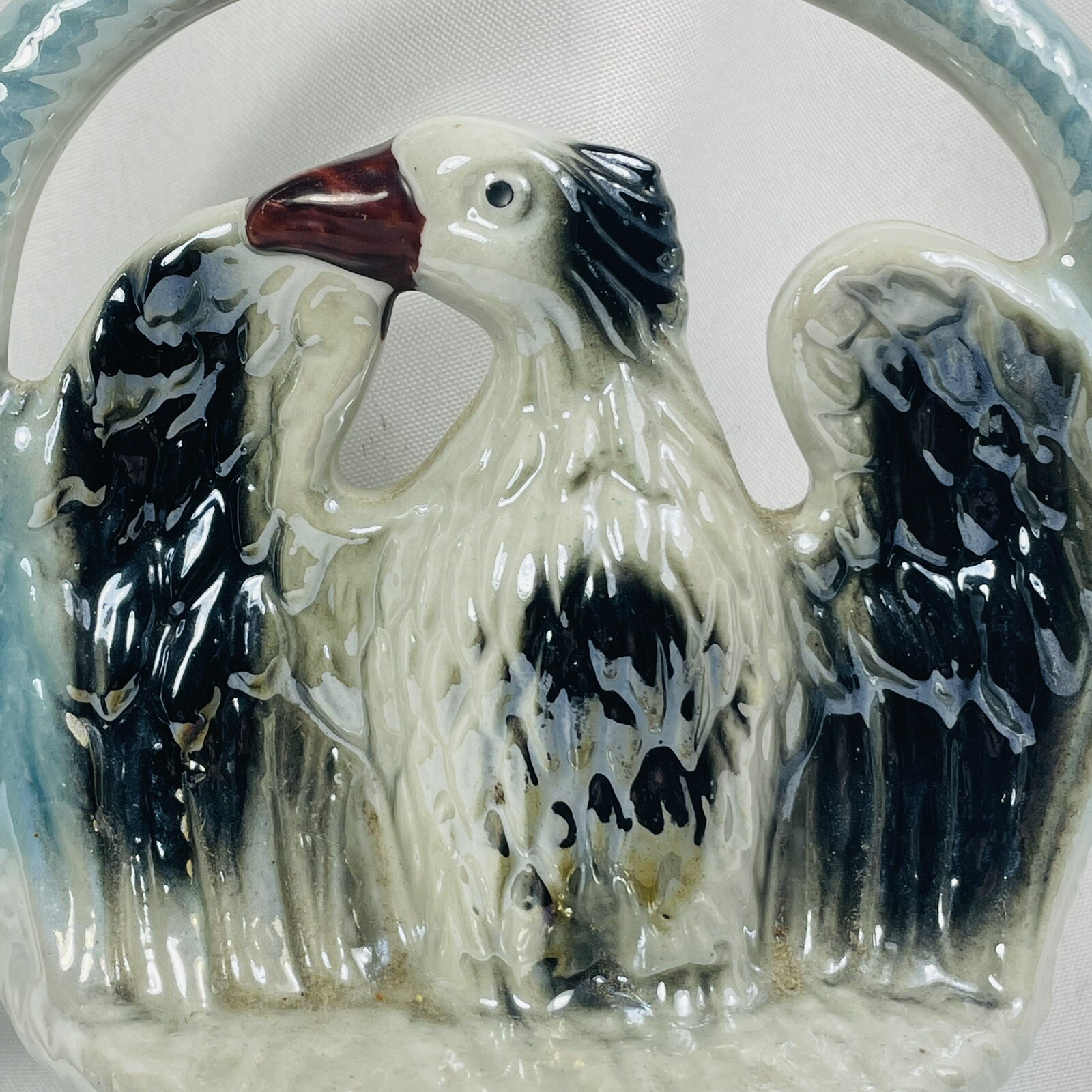 Lusterware Eagle Basket Figurine Brazil 1910 Opalescent Blue Silver Bird Vintage