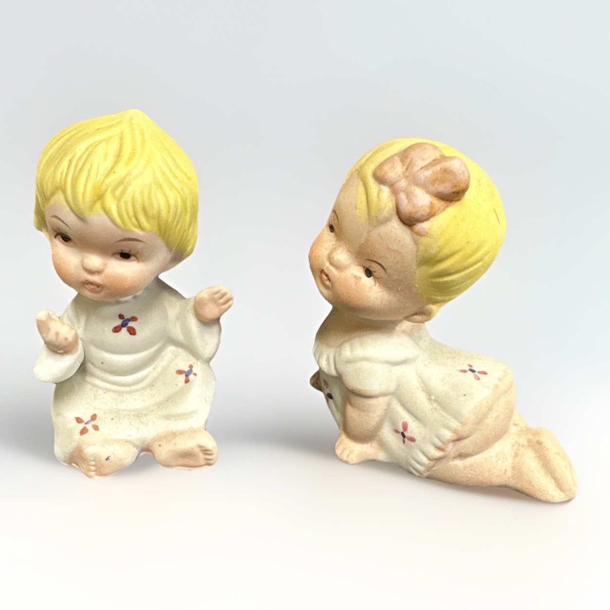 Vintage Baby Girl Boy Figurines Crawling sitting Porcelain Pair
