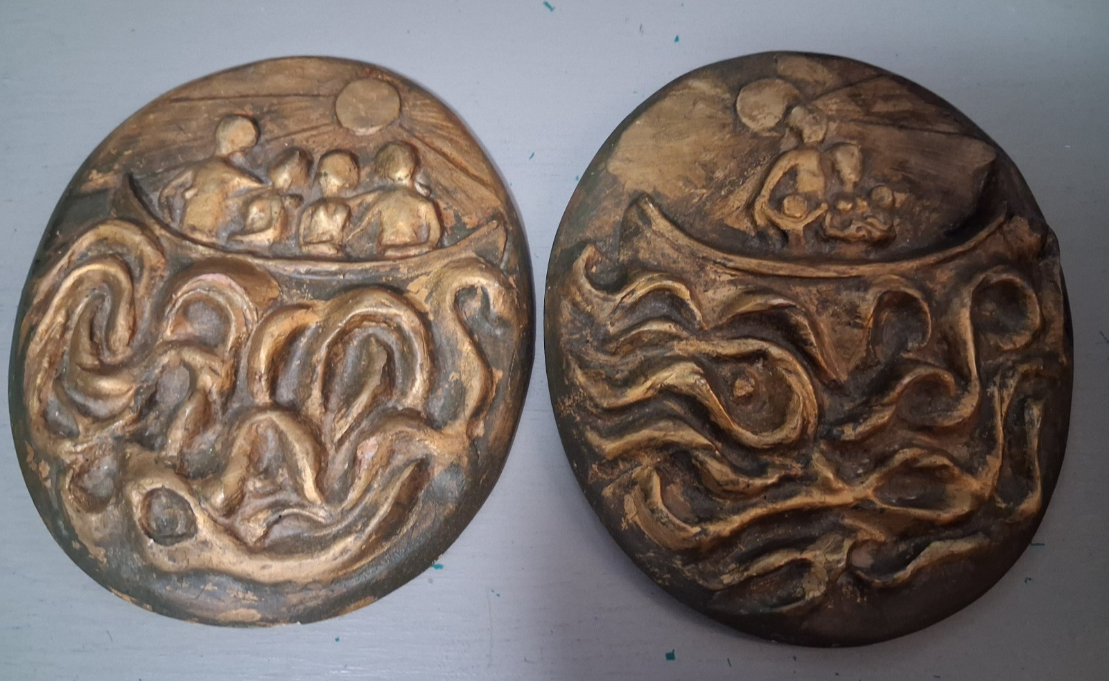 MCM Gold Gilt Painted 3D Relief Chalkware People Organic Modernism Wall Hanging