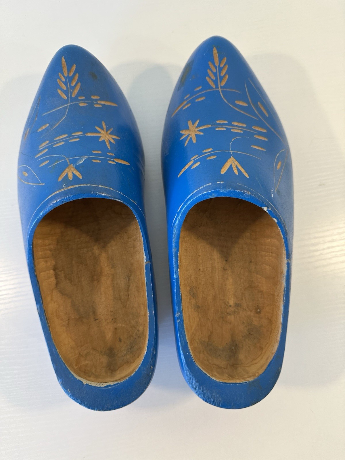 Vintage Dutch Holland Blue Wooden Shoes Clogs Handmade Floral Design 11”