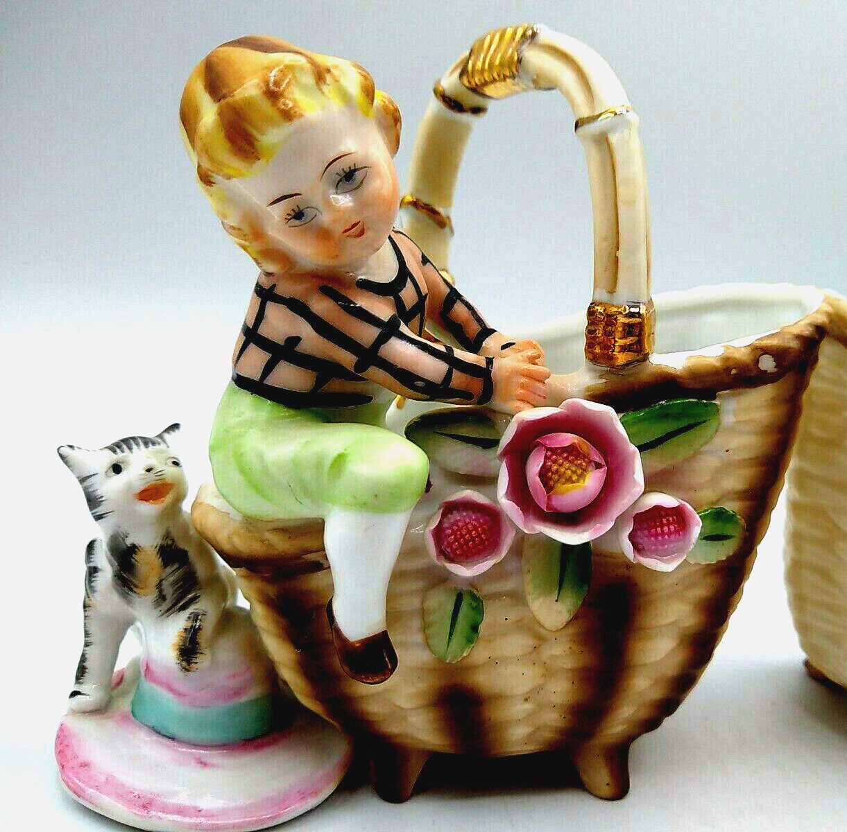 Pair of Vintage Figural Planters Trinket Dishes Vases Boy Girl Dog Cat Ucagco