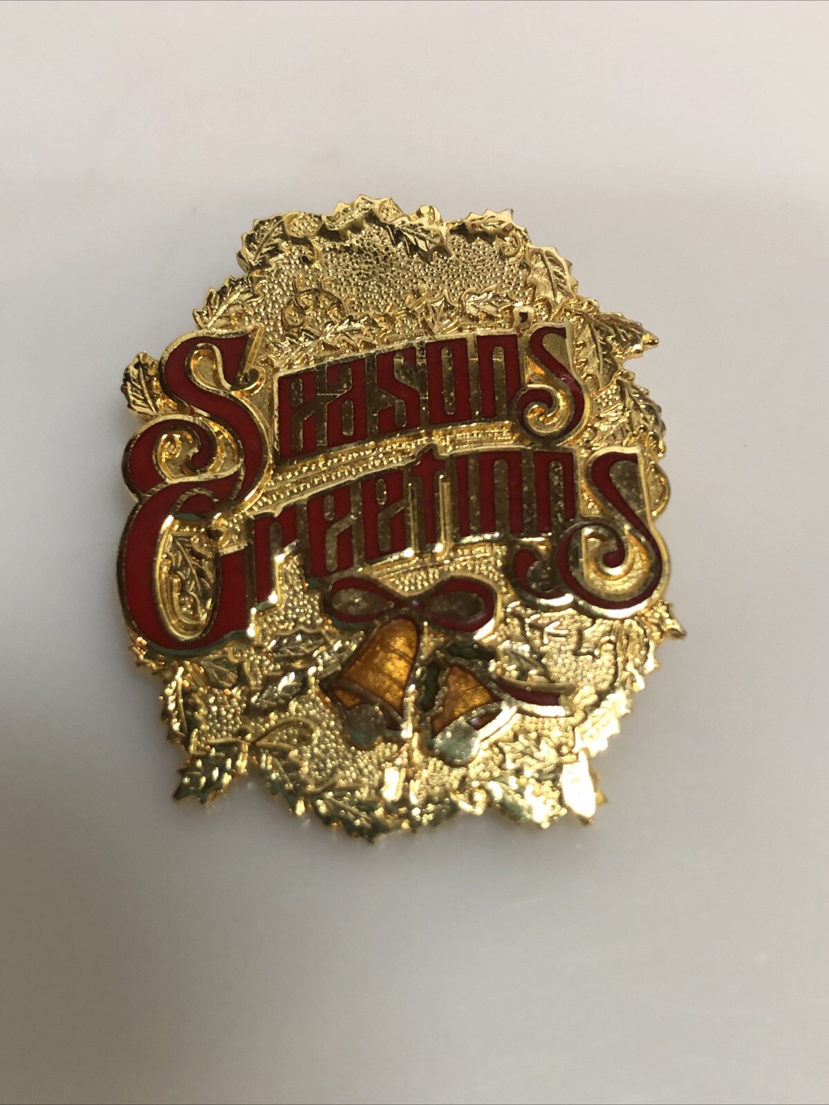 Vintage Retro 1979 Centenna Rainbow Red Gold Seasons Greetings Lapel Pin