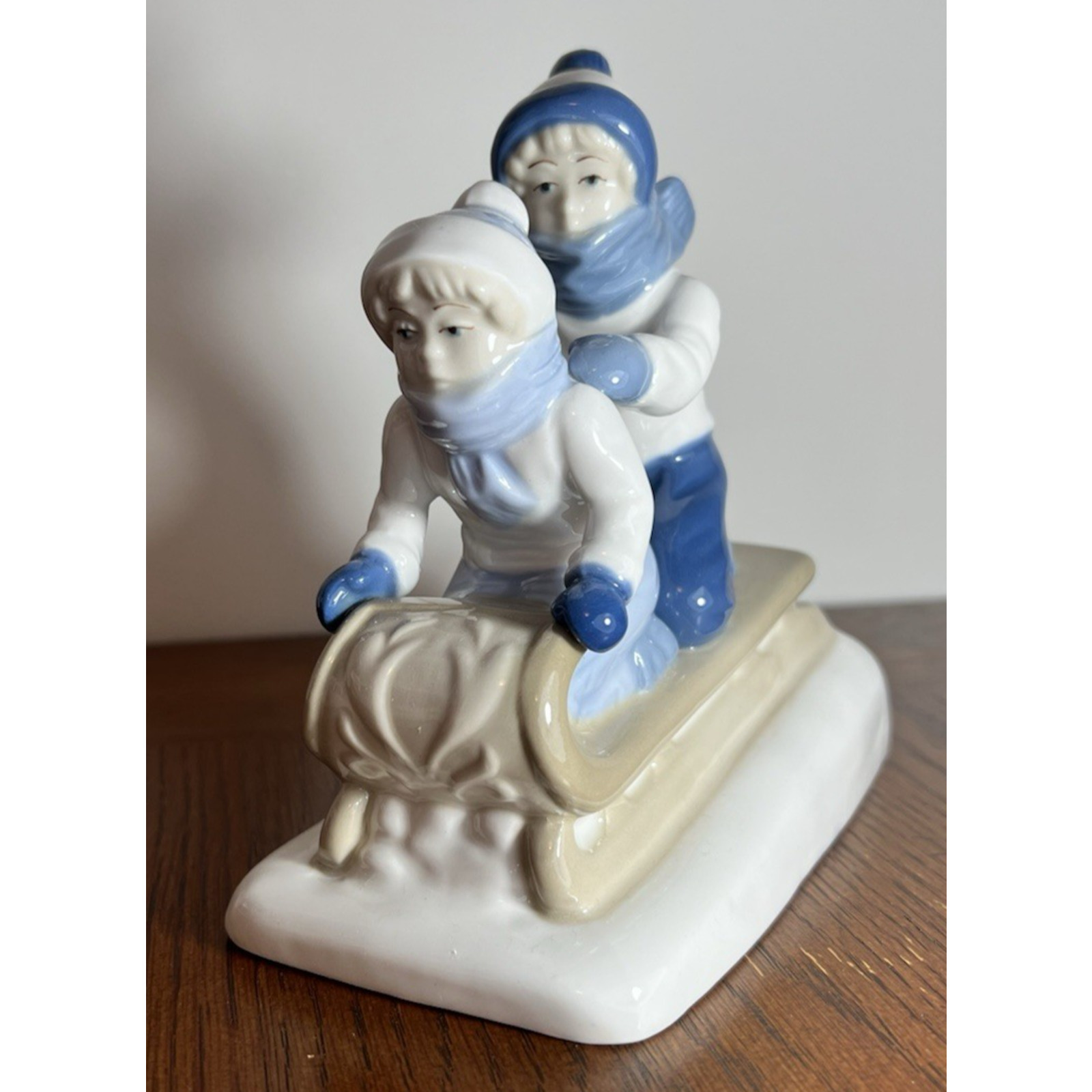 Paul Sebastian Porcelain Figurine Two Children Sledding Winter Scene 1992