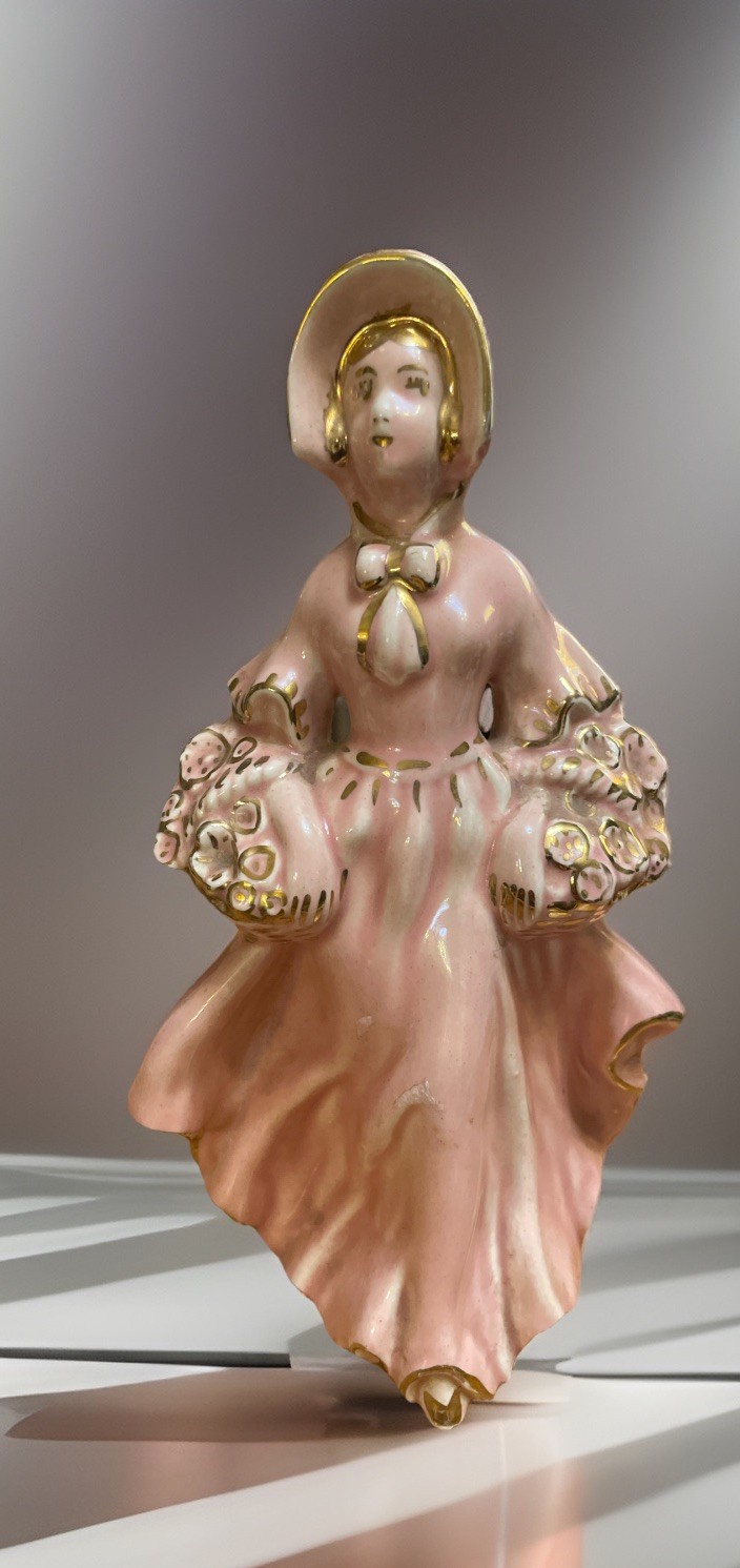 Vtg Pink Gilded 7-5/8” Porcelain Southern Belle Figurine Baskets of Flowers