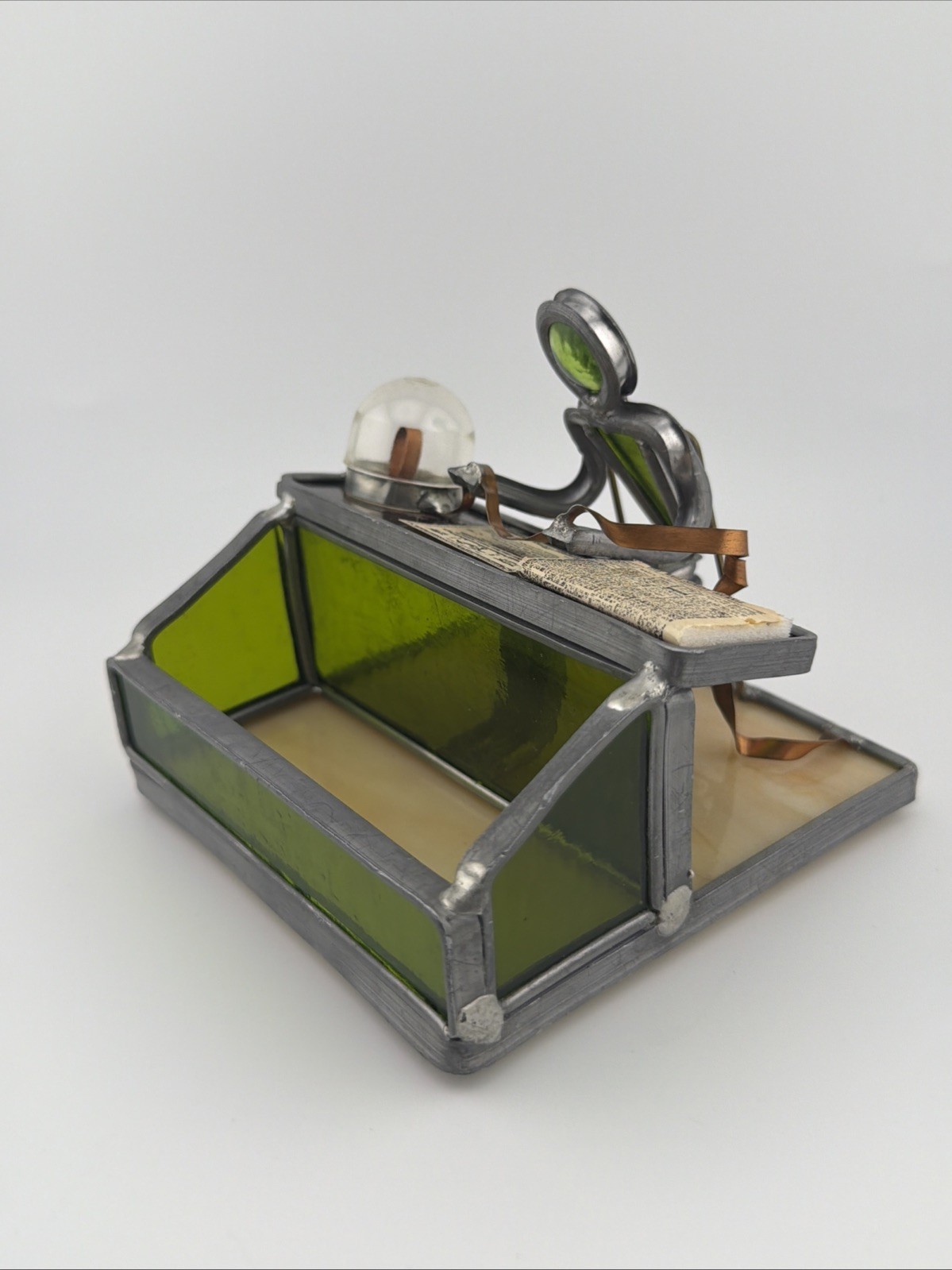 Vintage Handmade Stained Glass Desk Organizer Attributed to Carl Goeller Style
