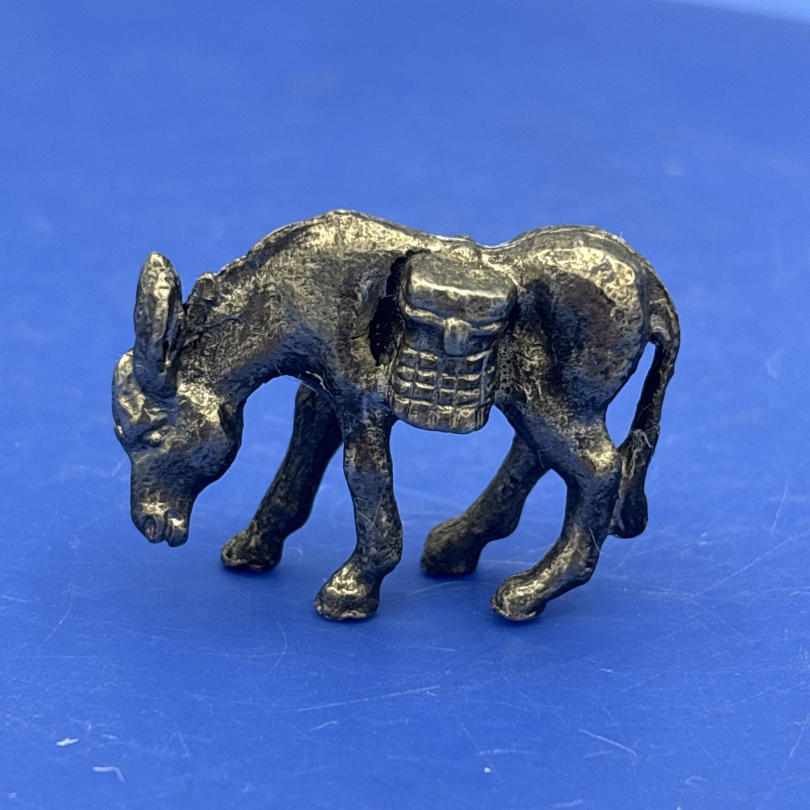 Vtg Cast Metal Donkey Mule Figurine Holding Basket Miniature
